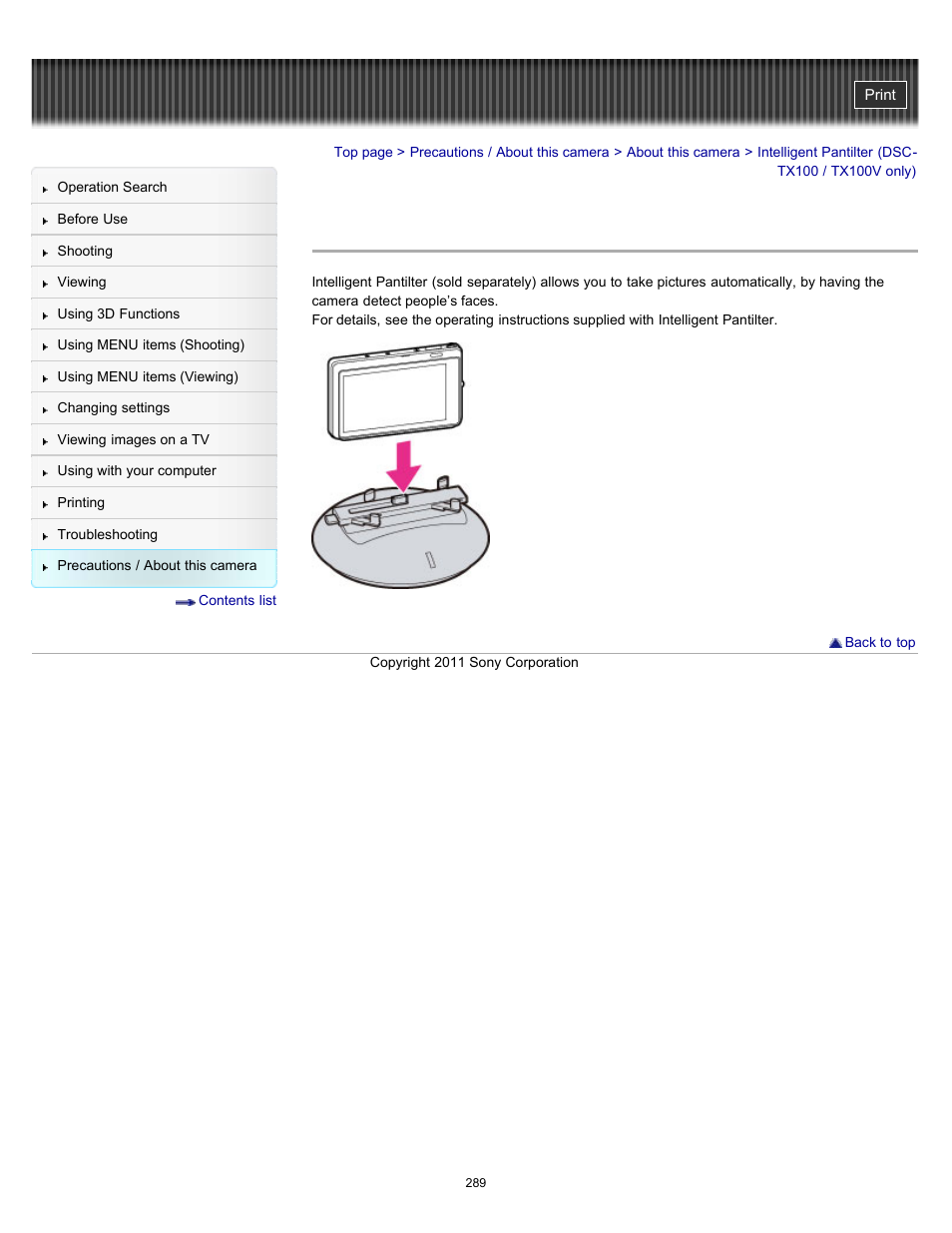 Intelligent pantilter (dsc-tx100 / tx100v only) | Sony DSC-TX10 User Manual | Page 289 / 296