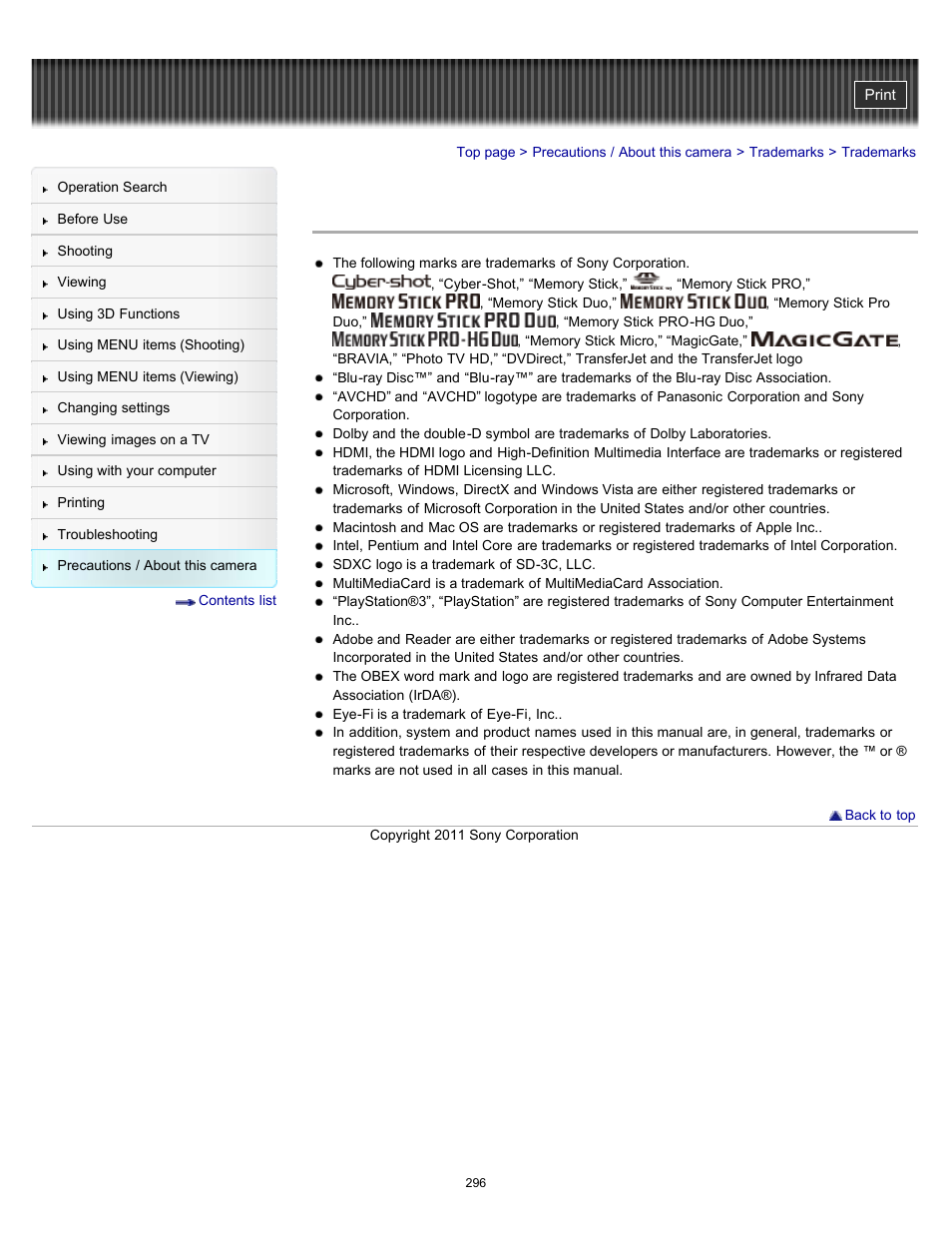 Trademarks | Sony DSC-TX10 User Manual | Page 296 / 296