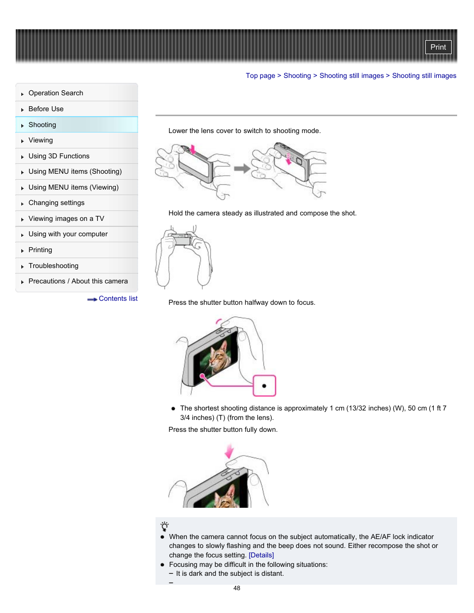 Shooting still images | Sony DSC-TX10 User Manual | Page 48 / 296