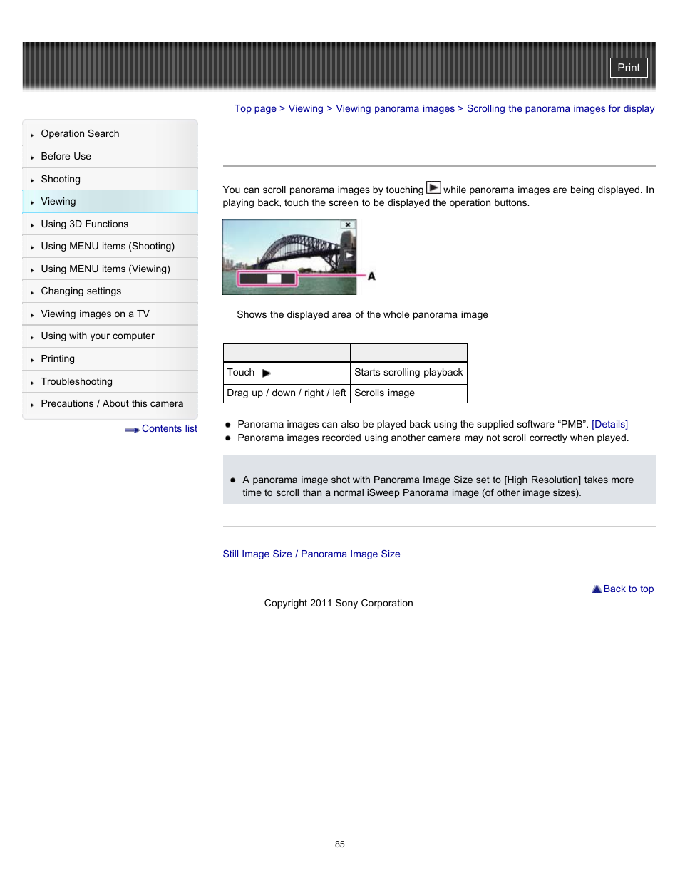 Scrolling the panorama images for display | Sony DSC-TX10 User Manual | Page 85 / 296