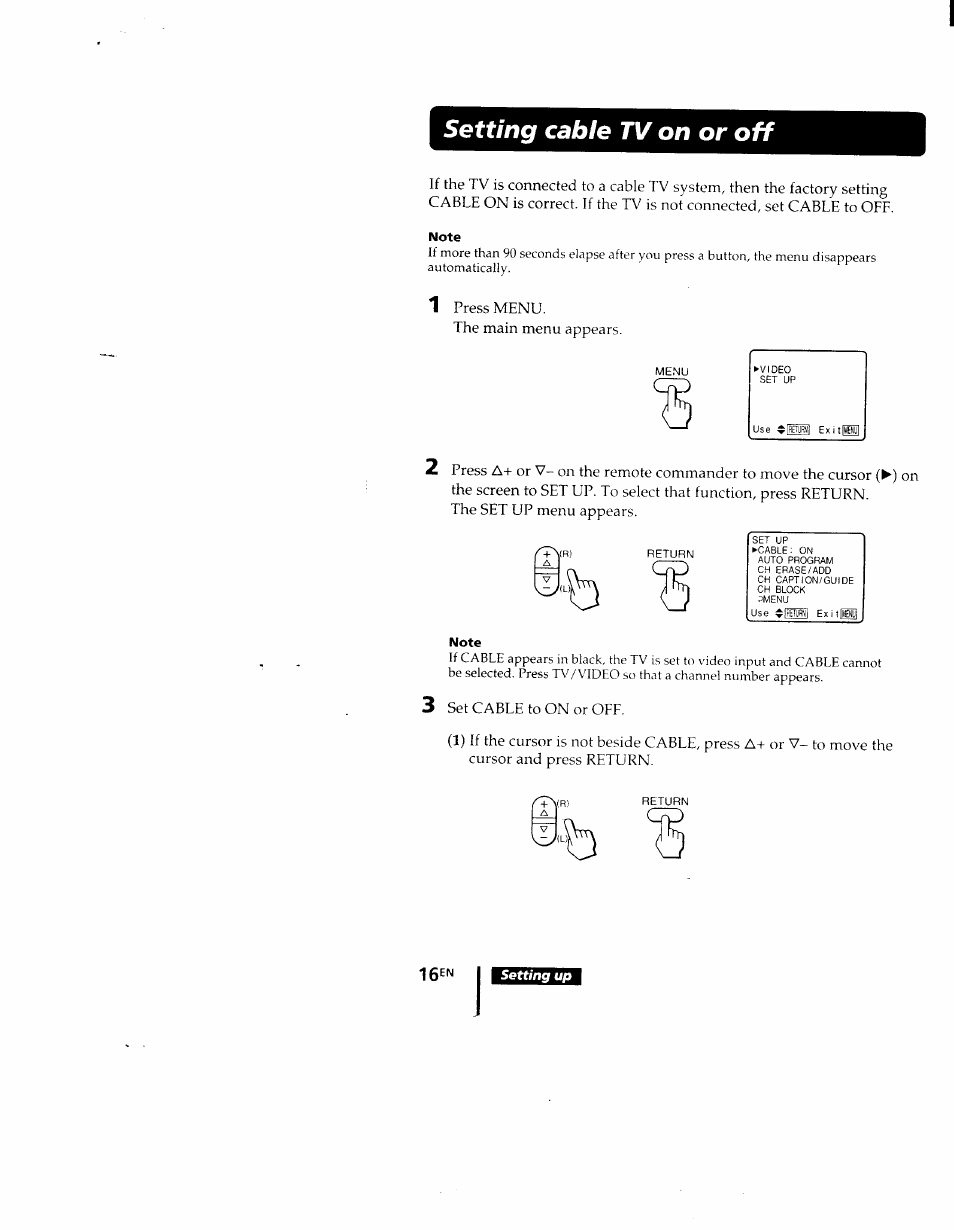 Setting cable tv on or off, Note | Sony KV-9PT60 User Manual | Page 16 / 56