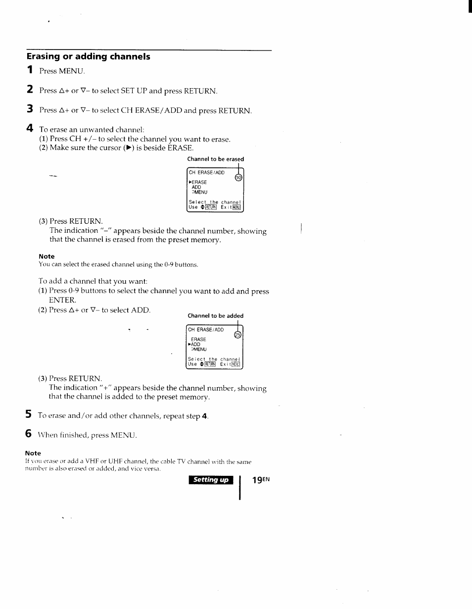 Erasing or adding channels | Sony KV-9PT60 User Manual | Page 19 / 56