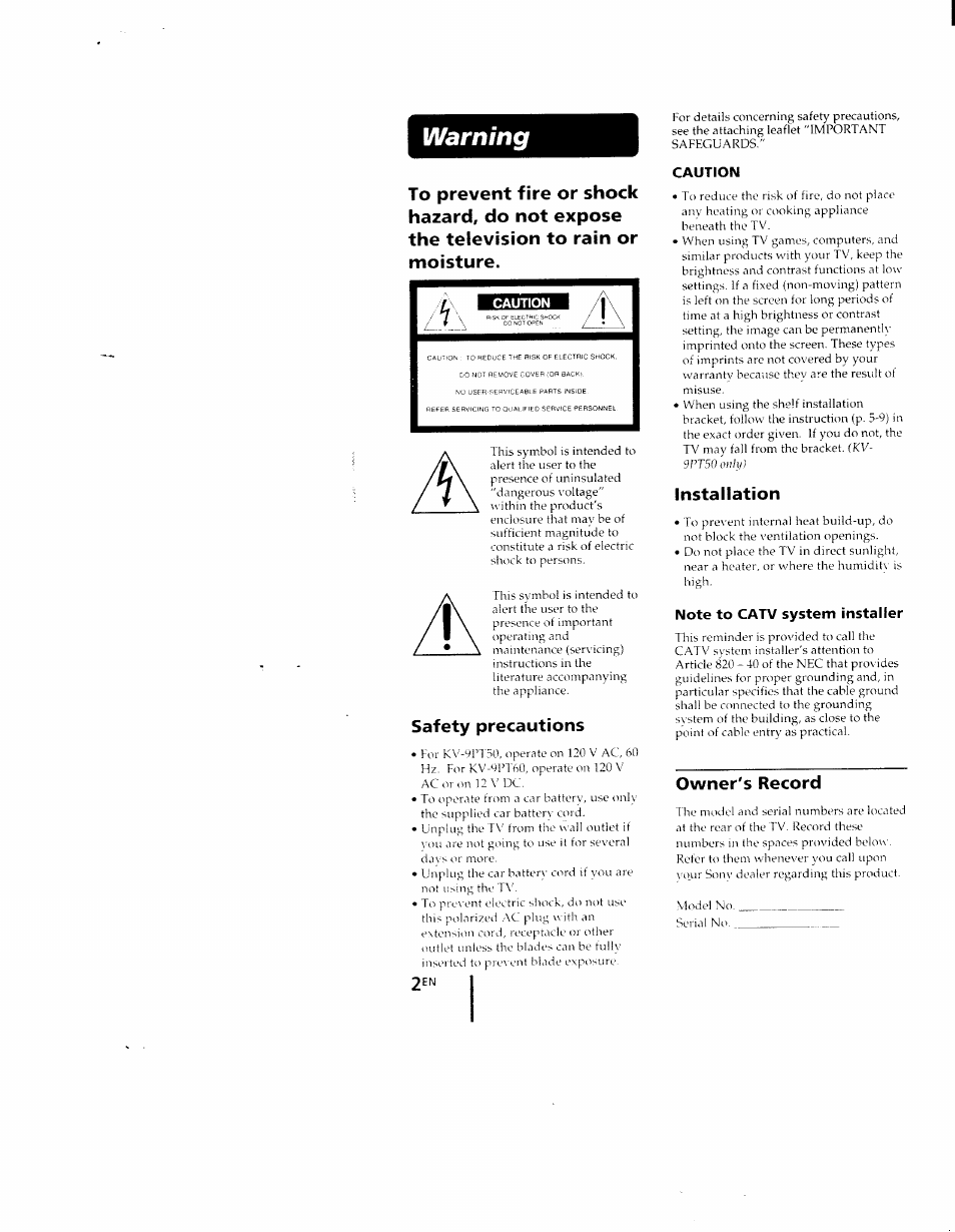 Warning, Caution, Note to catv system installer | Safety precautions, Installation, Owner's record | Sony KV-9PT60 User Manual | Page 2 / 56