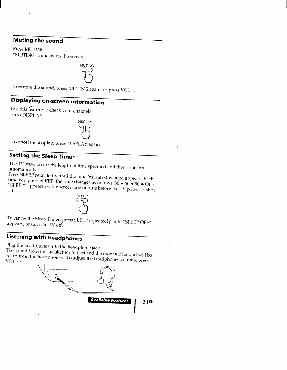 Muting the sound, Displaying on-screen information, Setting the sleep timer | Listening with headphones | Sony KV-9PT60 User Manual | Page 21 / 56