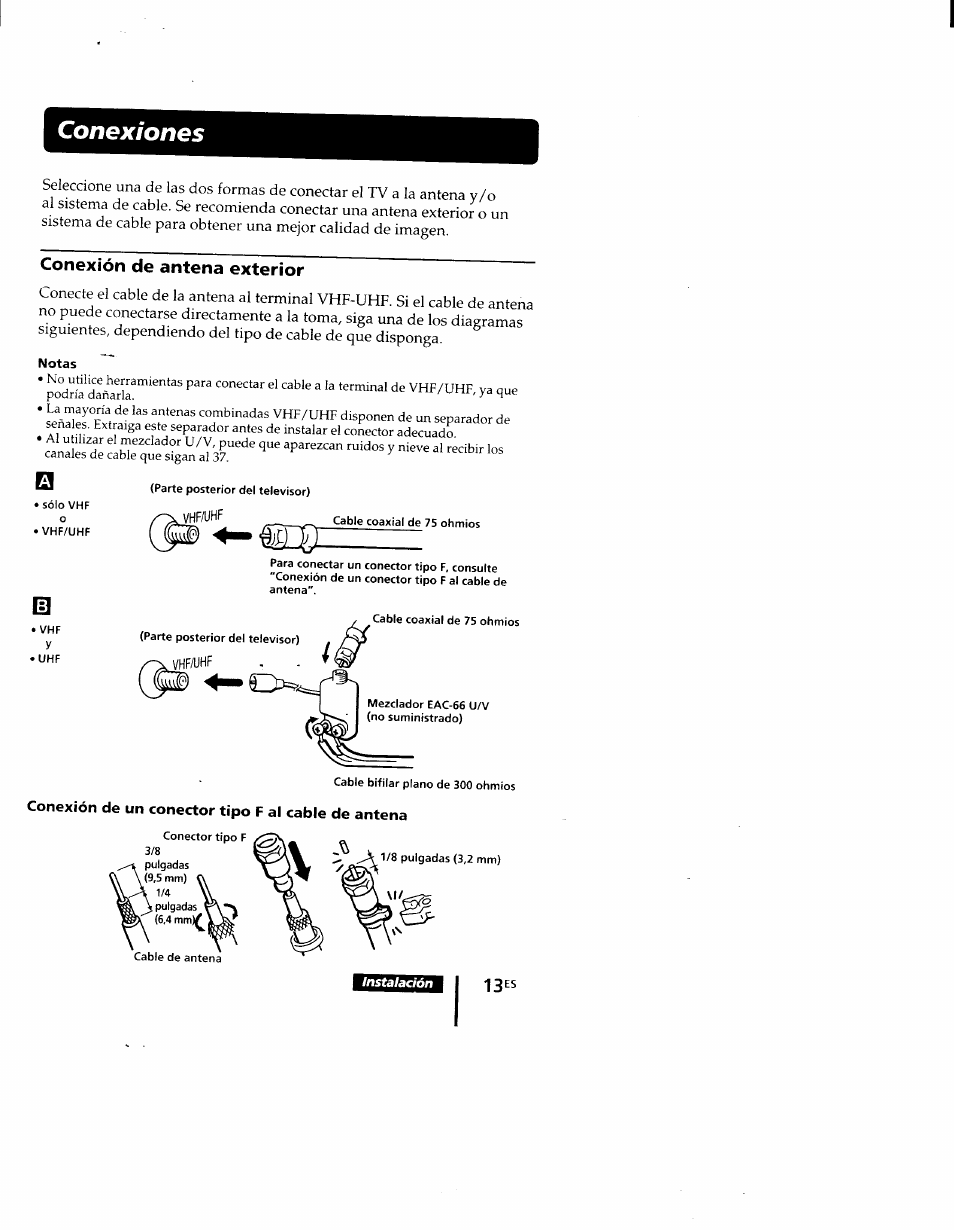 Conexiones, Conexión de antena exterior, Notas | Conexión de un conector tipo f al cable de antena | Sony KV-9PT60 User Manual | Page 41 / 56