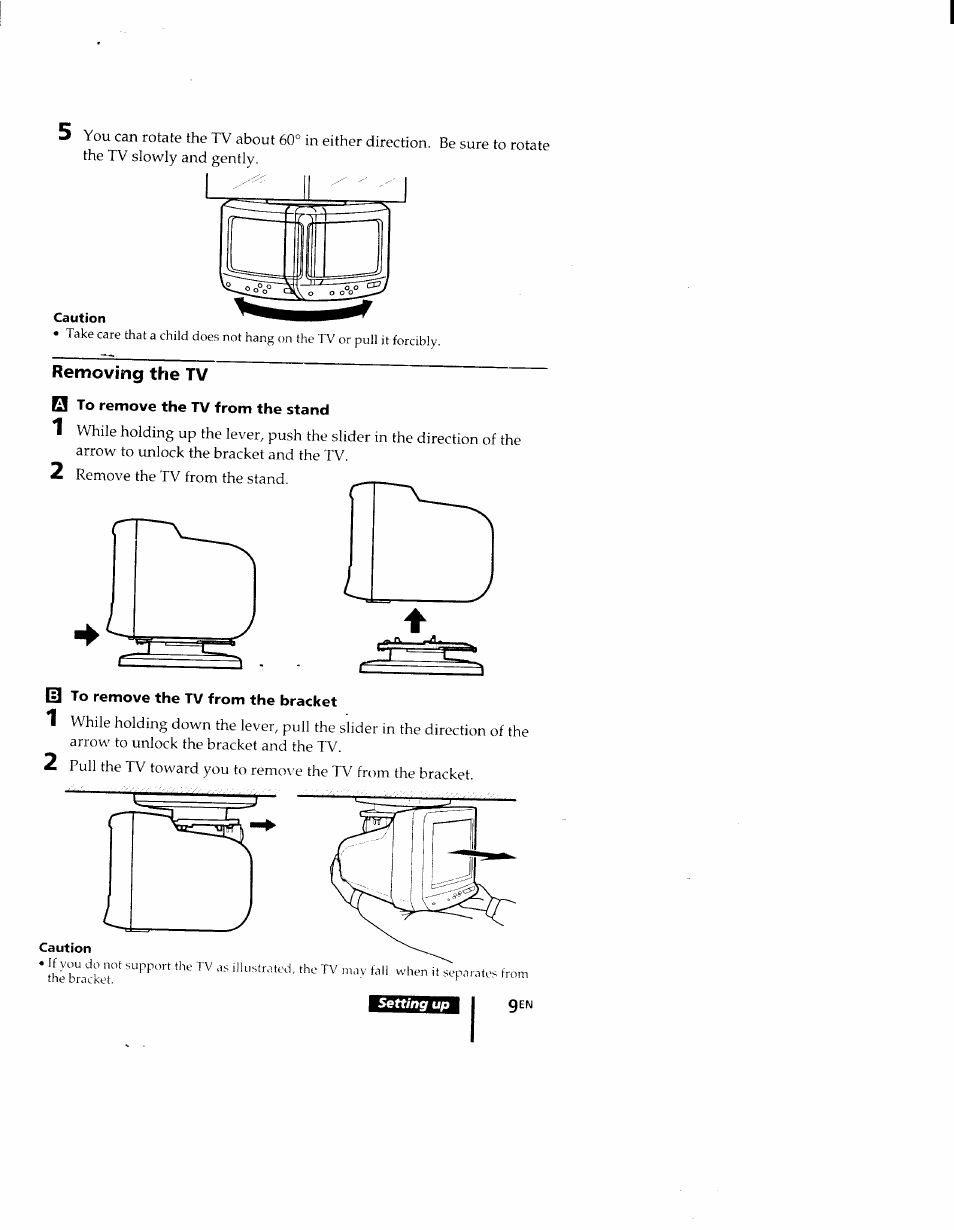 Removing the tv, M to remove the tv from the bracket, Caution | Sony KV-9PT60 User Manual | Page 9 / 56