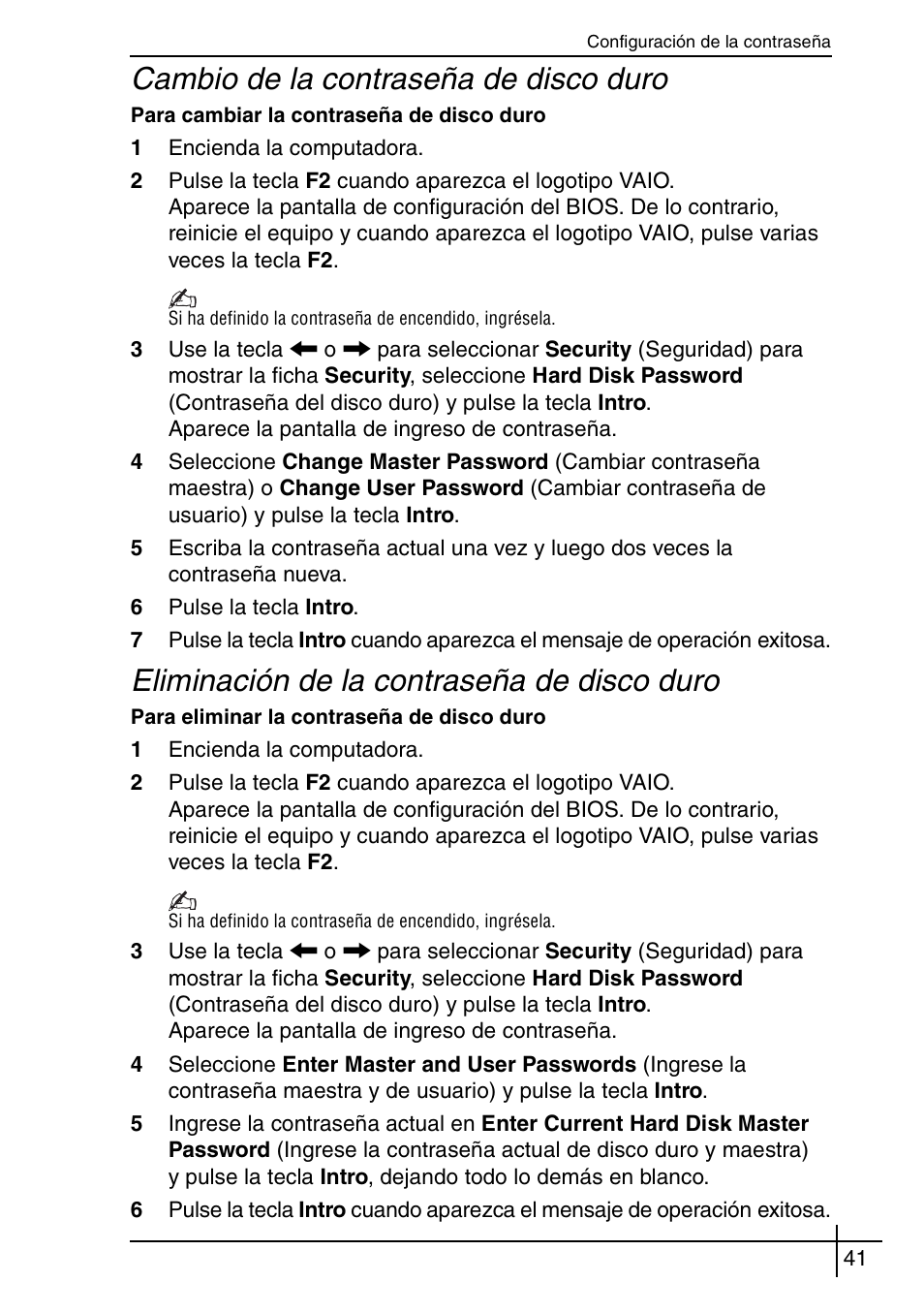 Cambio de la contraseña de disco duro, Eliminación de la contraseña de disco duro | Sony VGN-BX540BW User Manual | Page 41 / 64