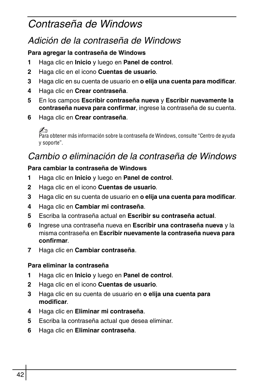 Contraseña de windows, Adición de la contraseña de windows, Cambio o eliminación de la contraseña de windows | Sony VGN-BX540BW User Manual | Page 42 / 64