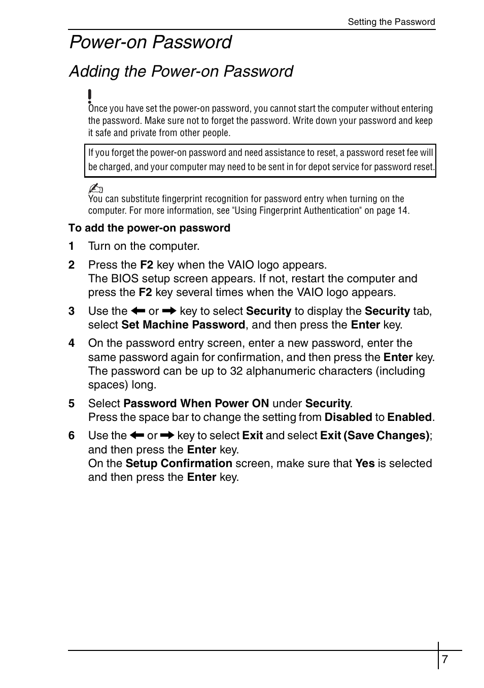 Power-on password, Adding the power-on password | Sony VGN-BX540BW User Manual | Page 7 / 64