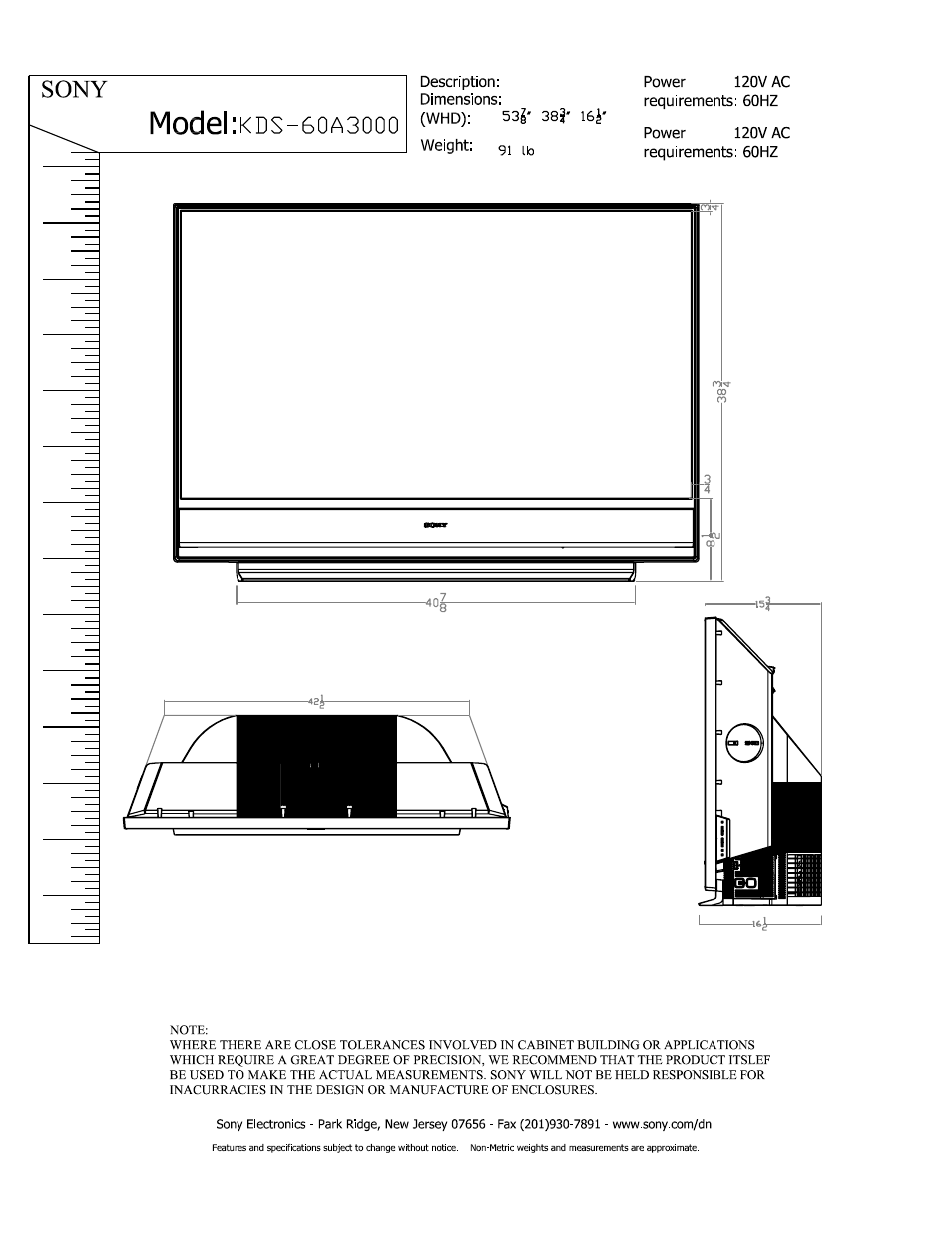 Sony KDS-60A3000 User Manual | 1 page
