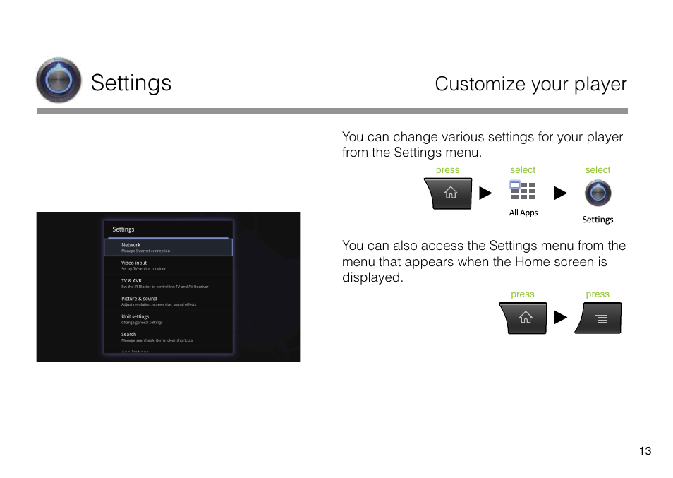 Settings, Customize your player | Sony NSZ-GS8 User Manual | Page 13 / 16