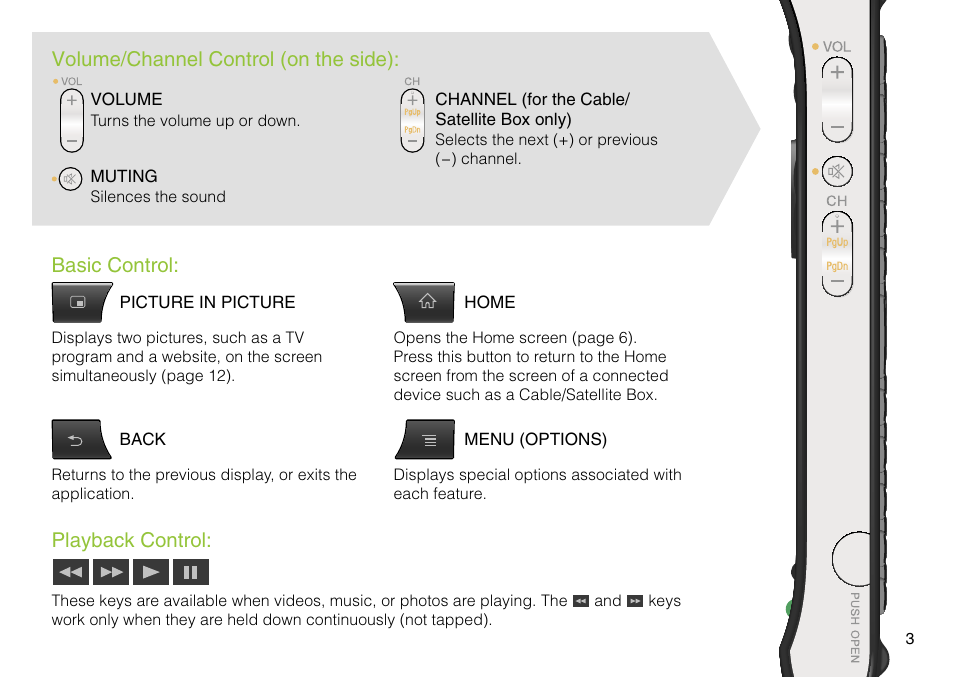 Playback control, Basic control, Volume/channel control (on the side) | Sony NSZ-GS8 User Manual | Page 3 / 16