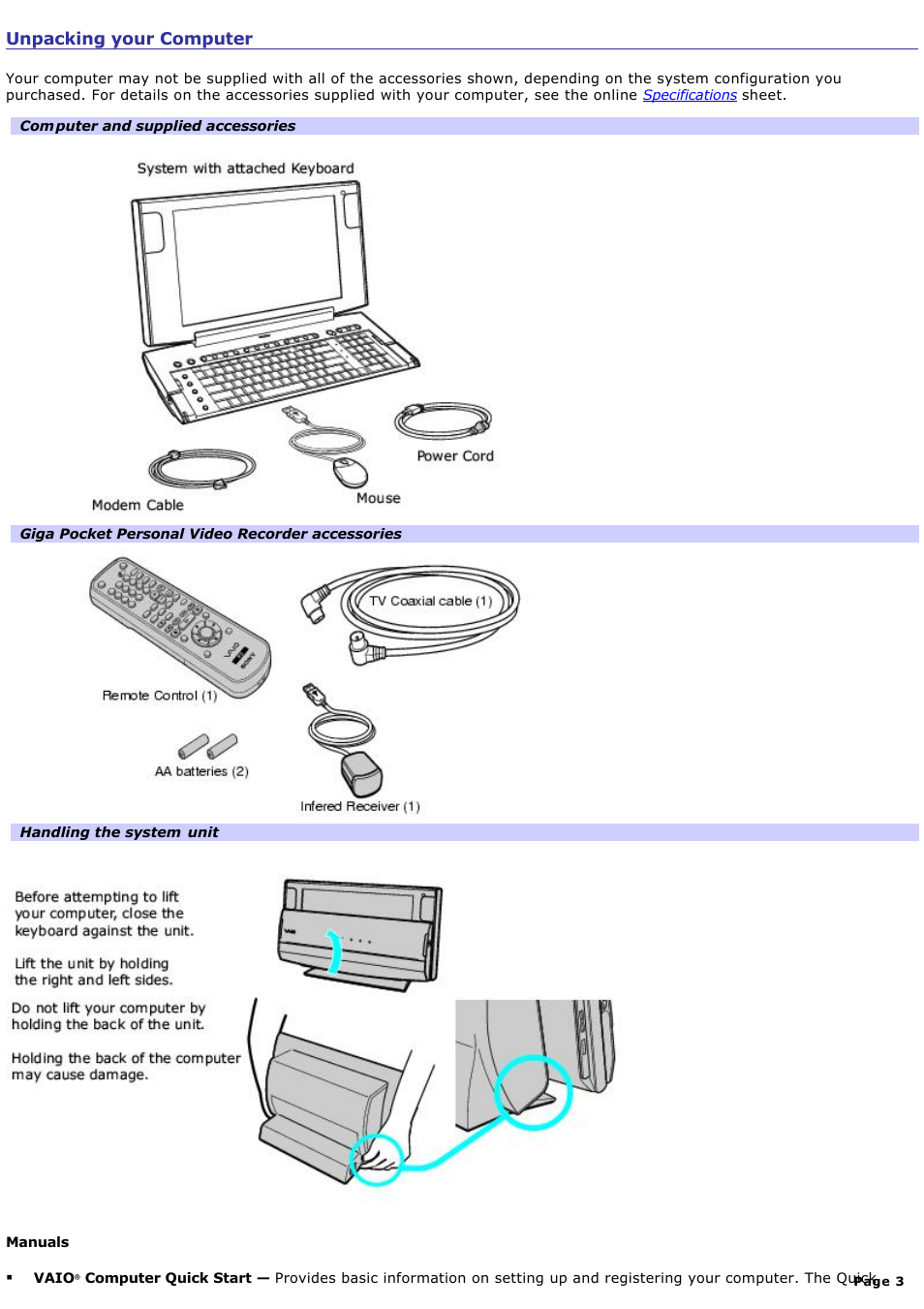 Unpacking your computer | Sony PCV-W510G User Manual | Page 3 / 129