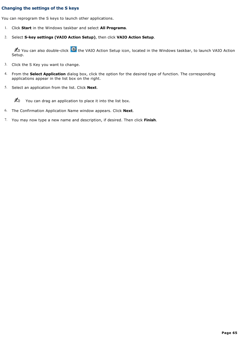 Changing the settings of the s keys | Sony PCV-W510G User Manual | Page 65 / 129