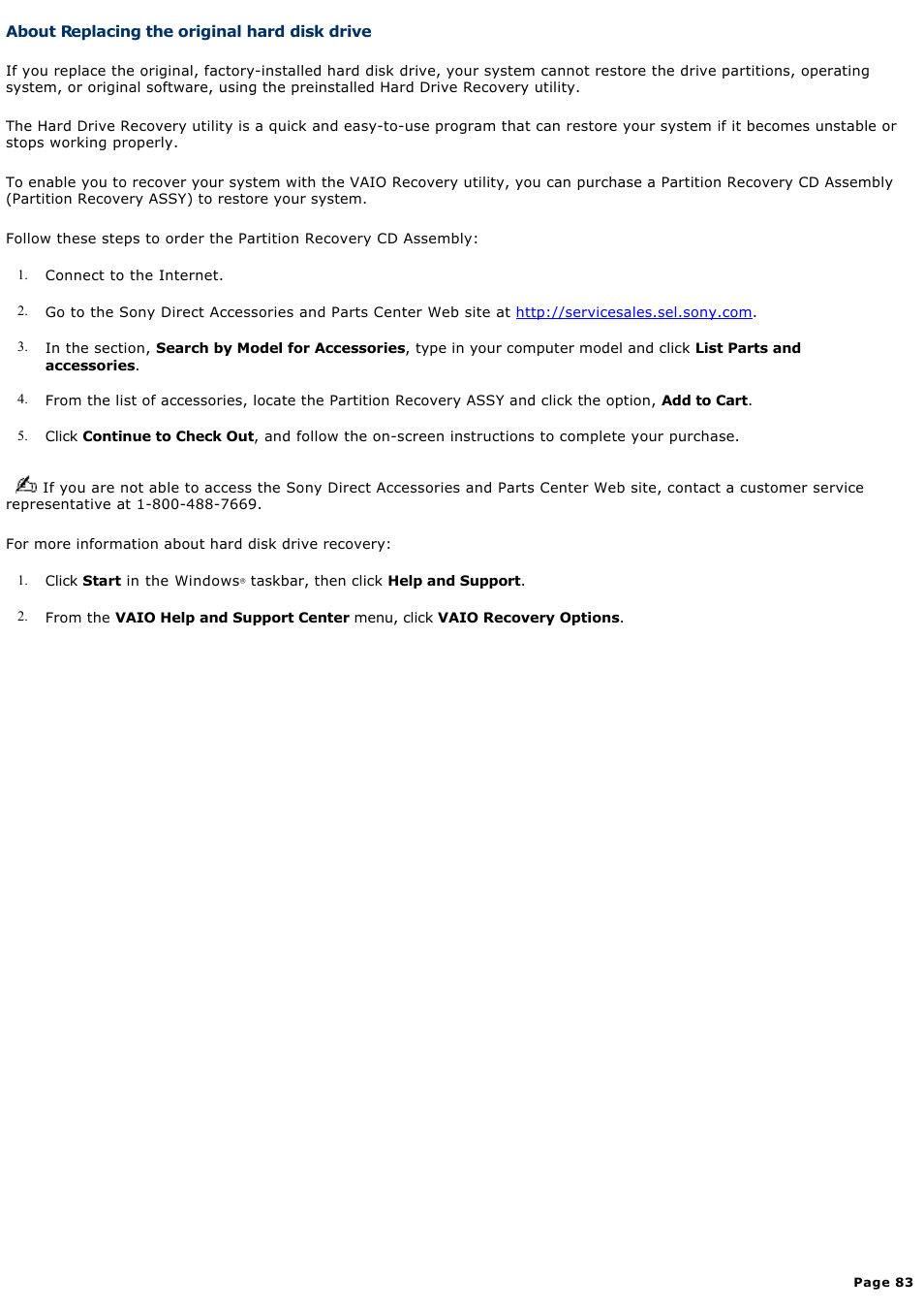 About replacing the original hard disk drive | Sony PCV-W510G User Manual | Page 83 / 129