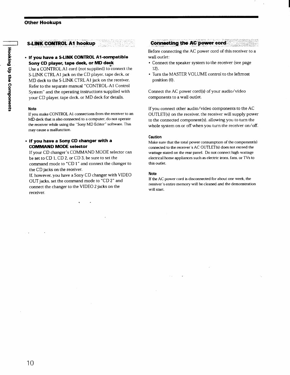 Other hookups, S-link control at hookup, Note | Connecting the ac power cord, Caution | Sony STR-DE725 User Manual | Page 9 / 47