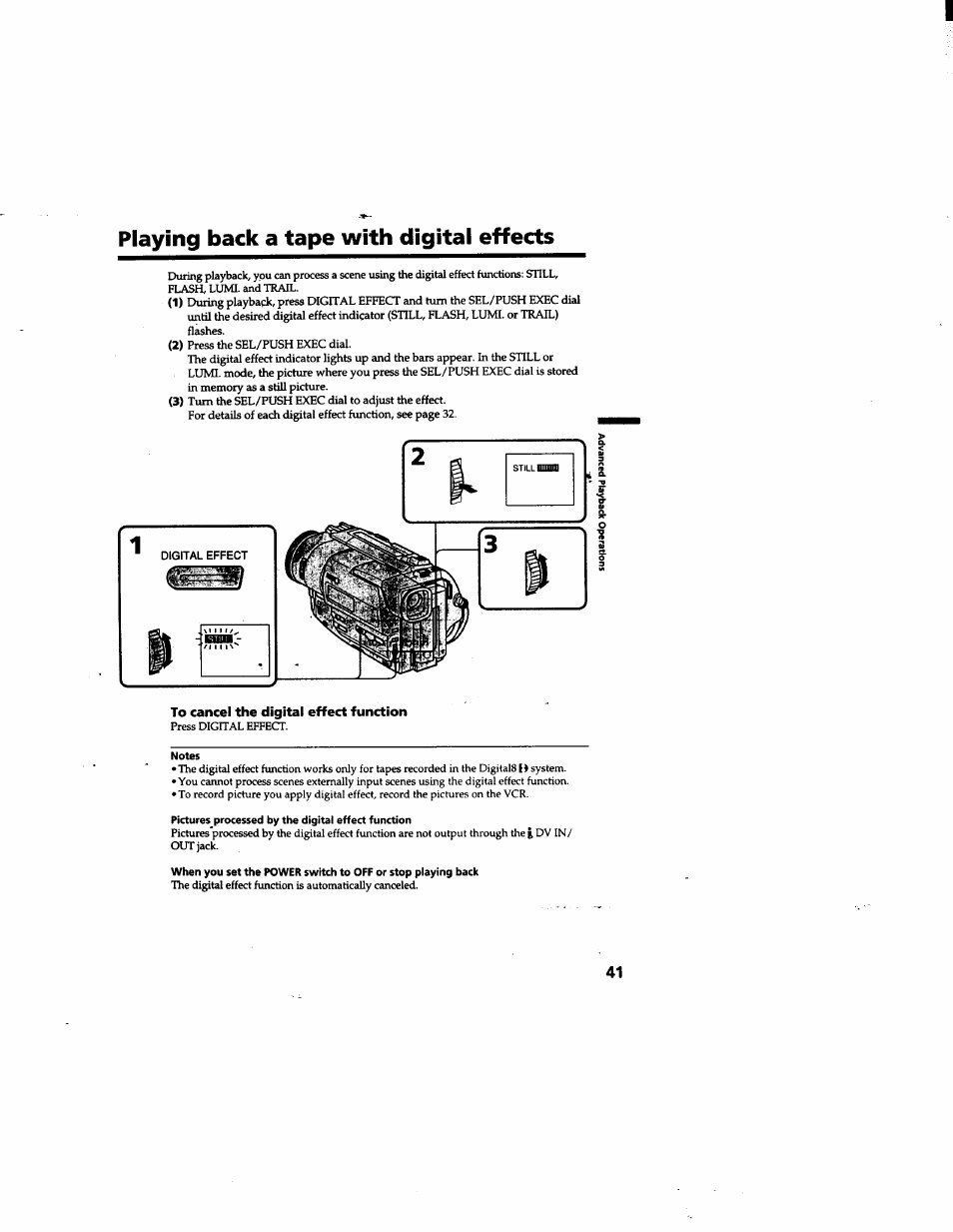 Playing back a tape with digital effects, To cancel the digital effect function | Sony DCR-TR7000 User Manual | Page 41 / 84