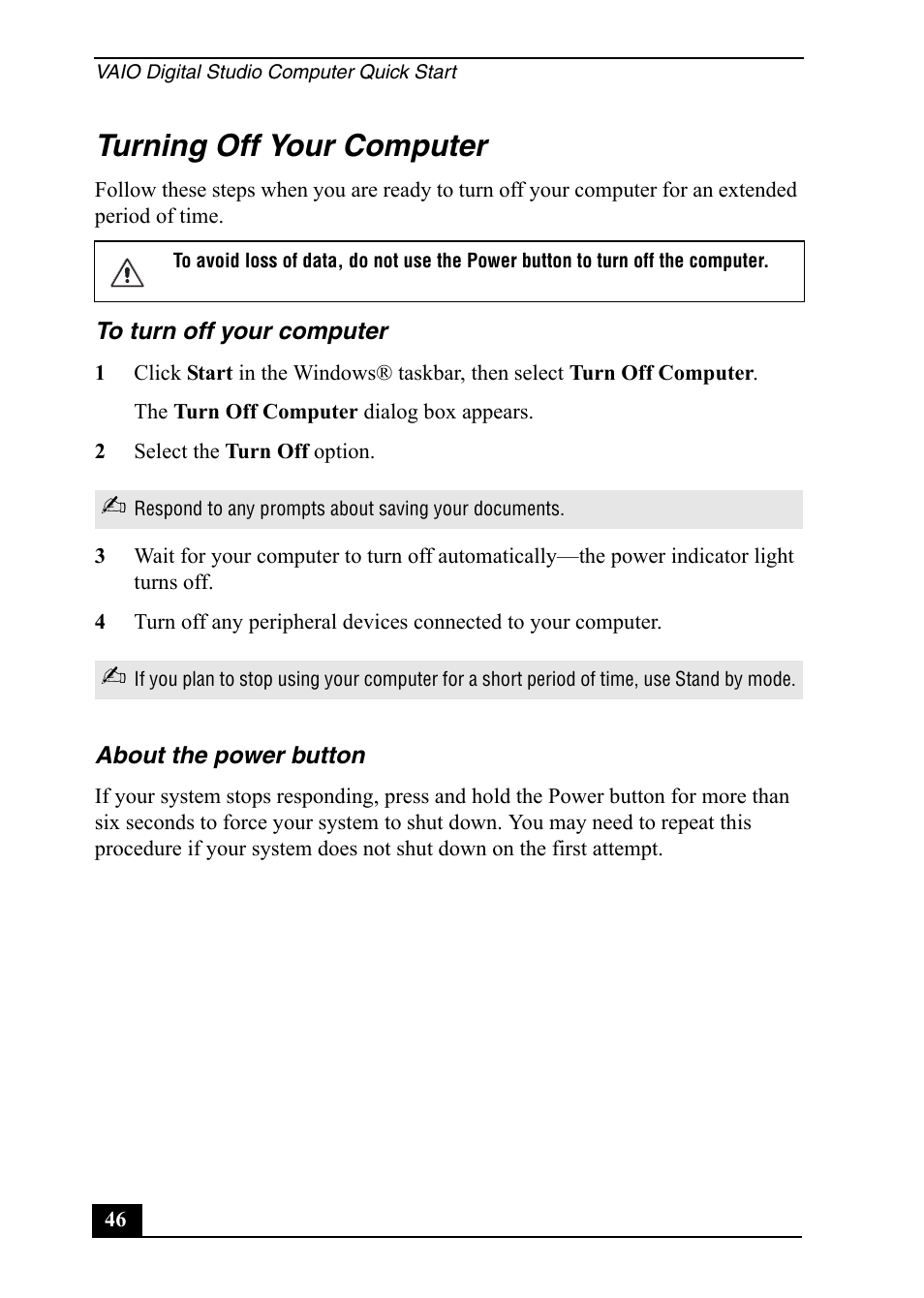 Turning off your computer | Sony VGC-RA910G User Manual | Page 46 / 80