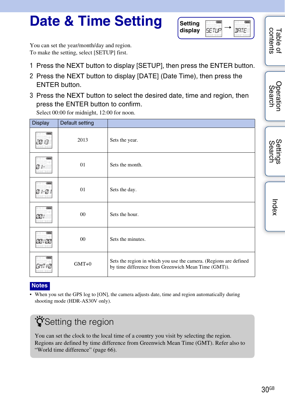 Date & time setting, Setting the region | Sony HDR-AS30V User Manual | Page 30 / 73