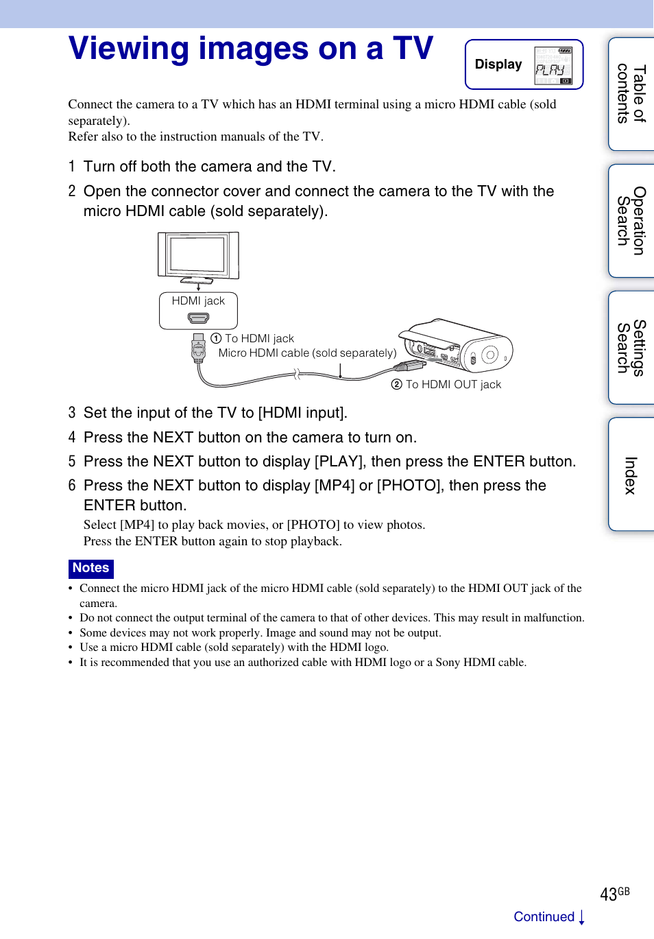 Viewing images on a tv | Sony HDR-AS30V User Manual | Page 43 / 73