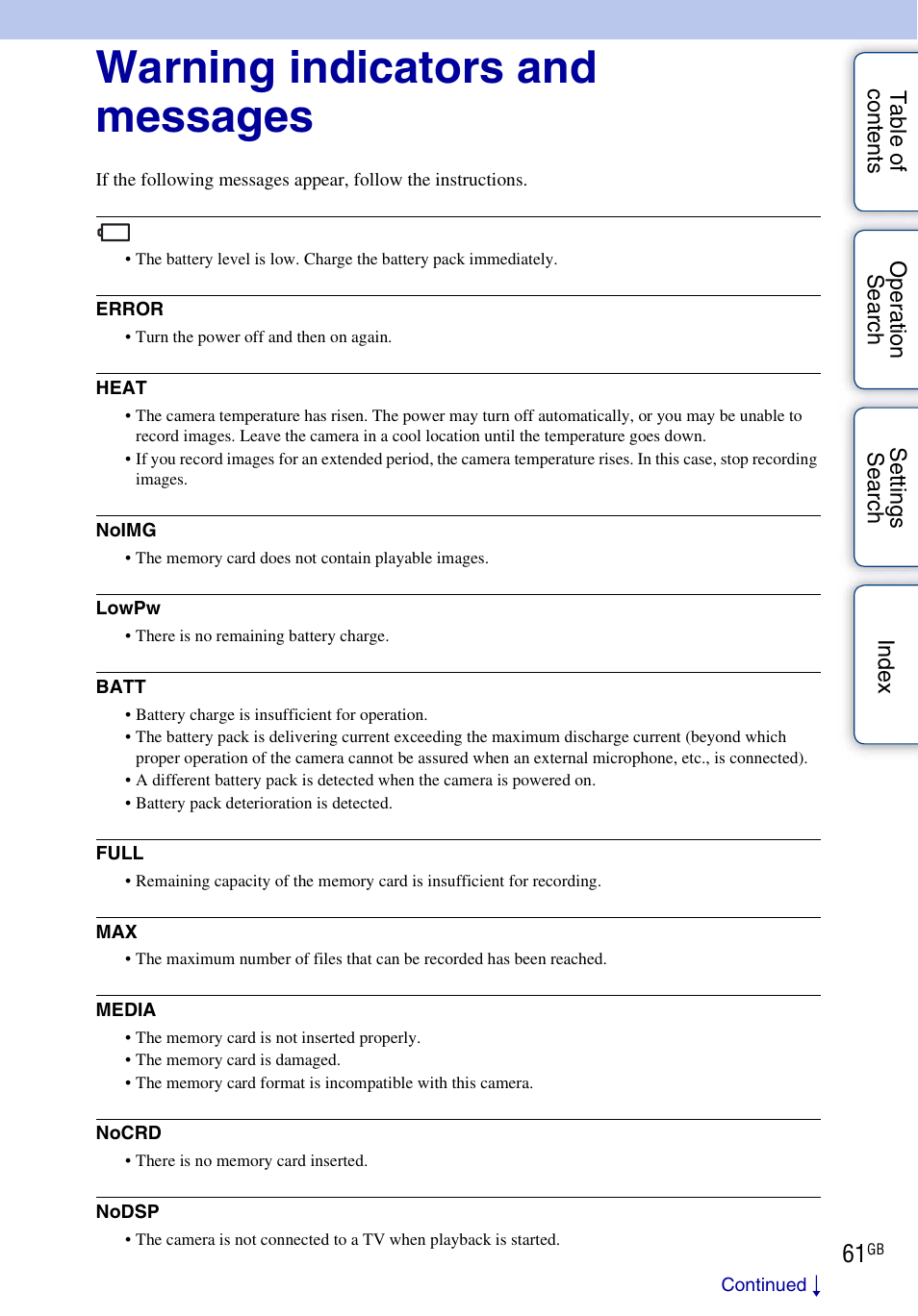 Warning indicators and messages | Sony HDR-AS30V User Manual | Page 61 / 73