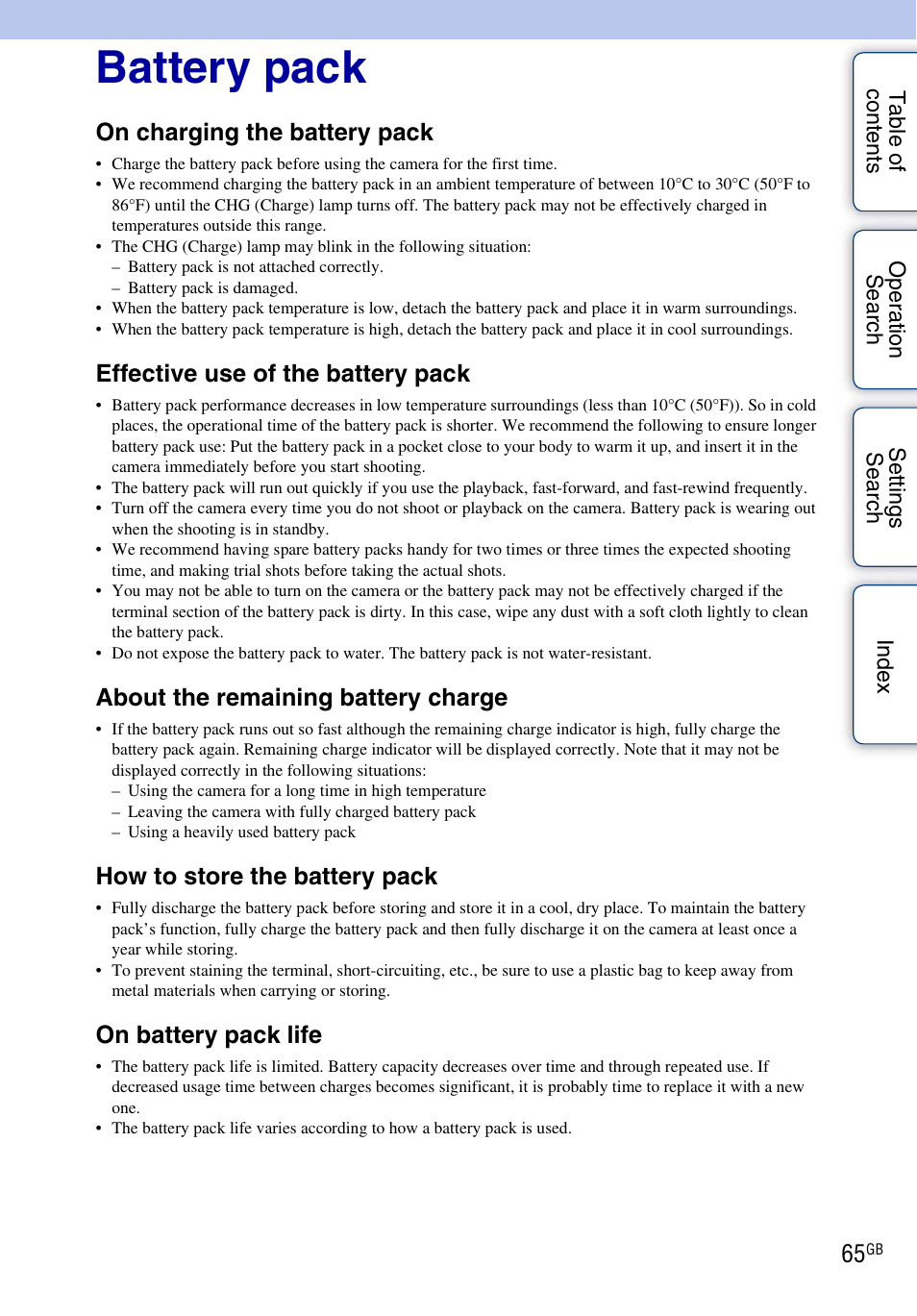 Battery pack, On charging the battery pack, Effective use of the battery pack | About the remaining battery charge, How to store the battery pack, On battery pack life | Sony HDR-AS30V User Manual | Page 65 / 73