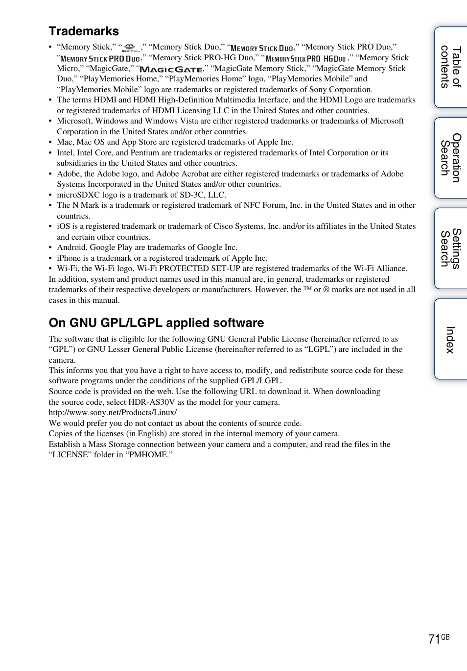 Trademarks, On gnu gpl/lgpl applied software | Sony HDR-AS30V User Manual | Page 71 / 73