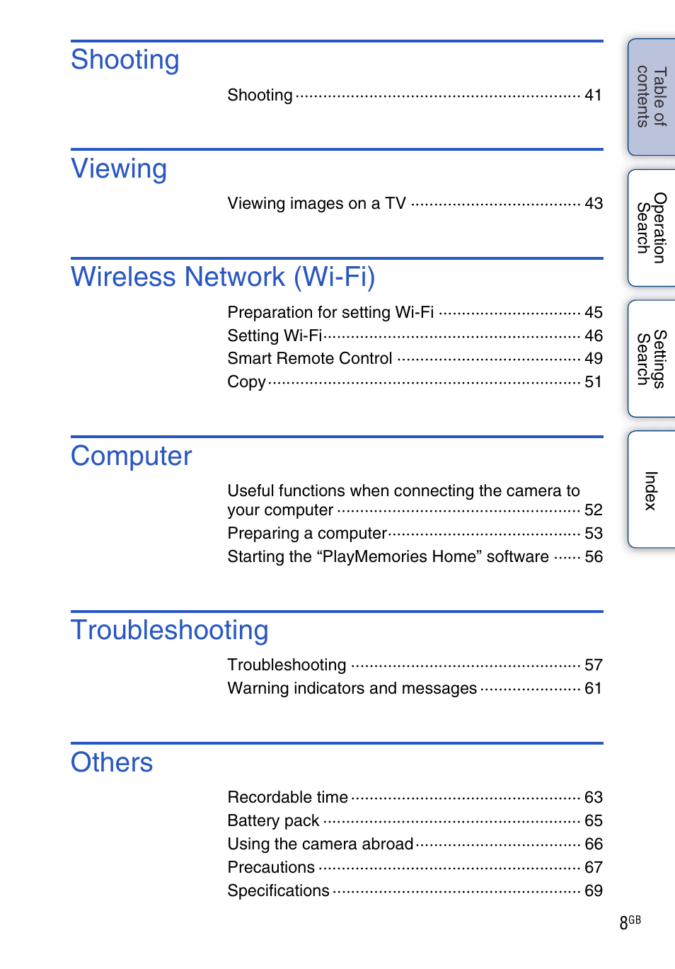 Shooting, Viewing, Wireless network (wi-fi) | Computer, Troubleshooting, Others | Sony HDR-AS30V User Manual | Page 8 / 73