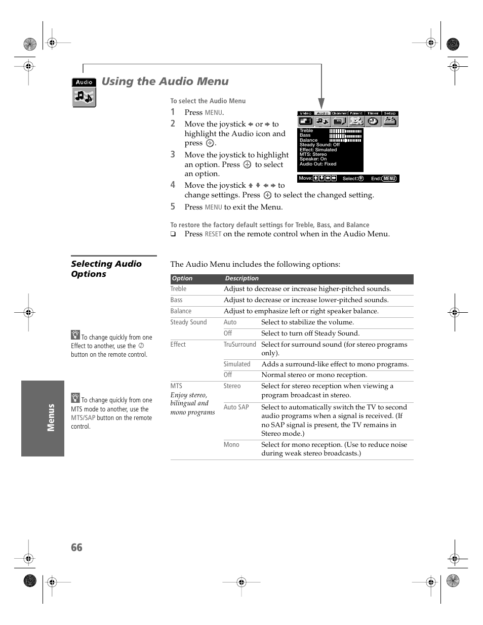 Using the audio menu | Sony KV-32HS510 User Manual | Page 67 / 89