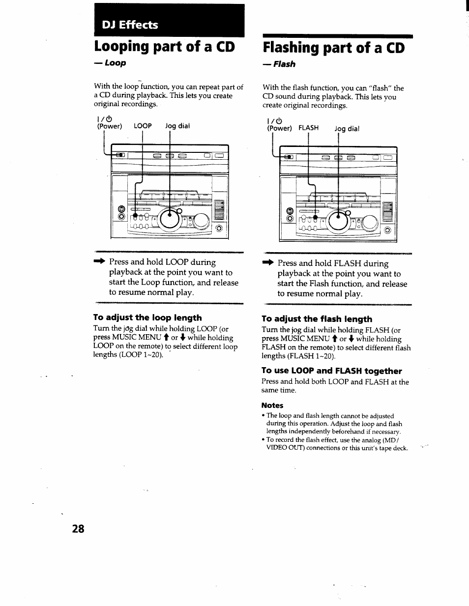 Dj effects, Looping part of a cd, Loop | Flashing part of a cd, Flash, To adjust the loop length, To adjust the flash length, To use loop and flash together | Sony MHC-GRX66 User Manual | Page 28 / 51