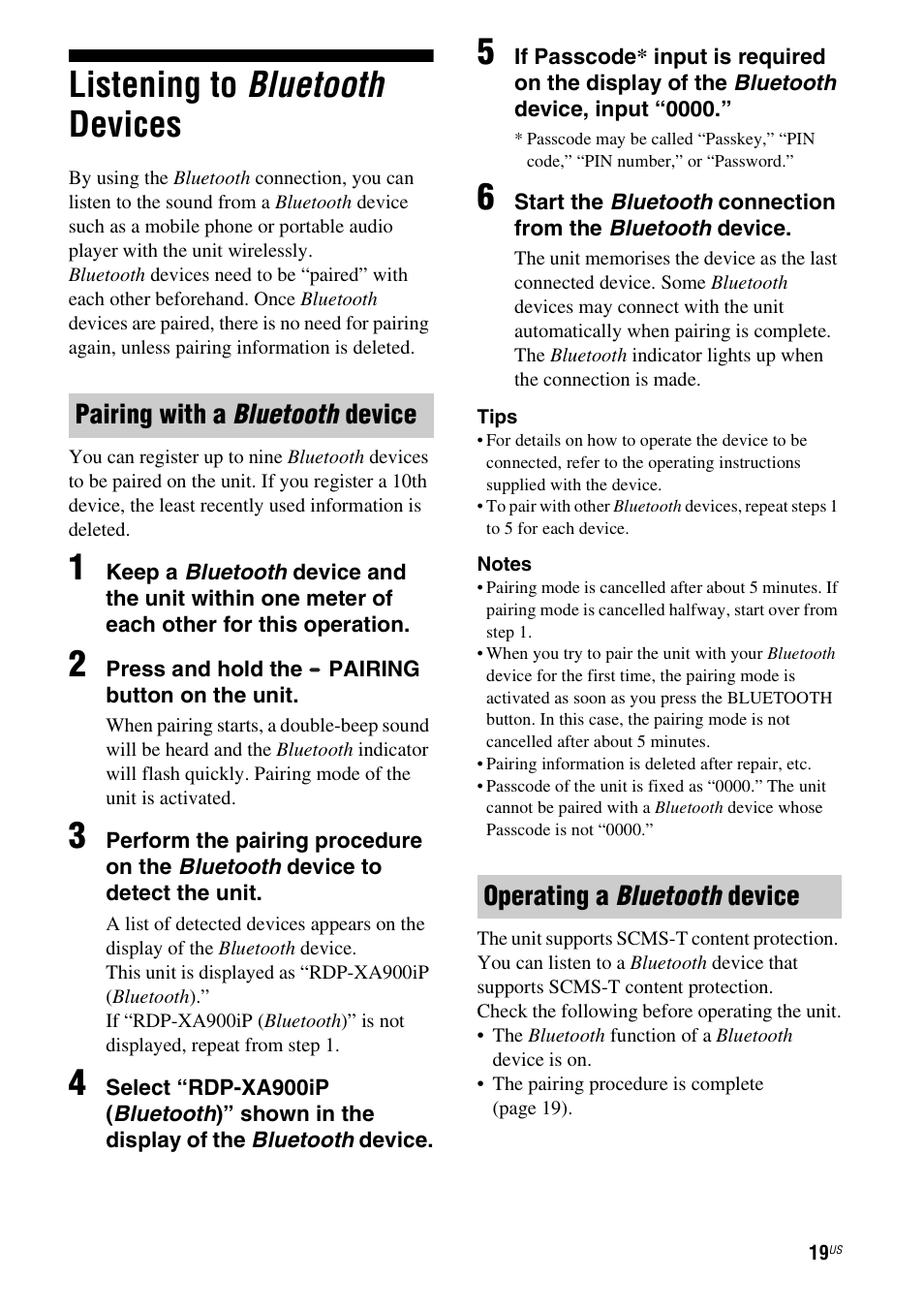 Listening to bluetooth devices, Pairing with a bluetooth device, Operating a bluetooth device | Sony RDP-XA900iP User Manual | Page 23 / 108