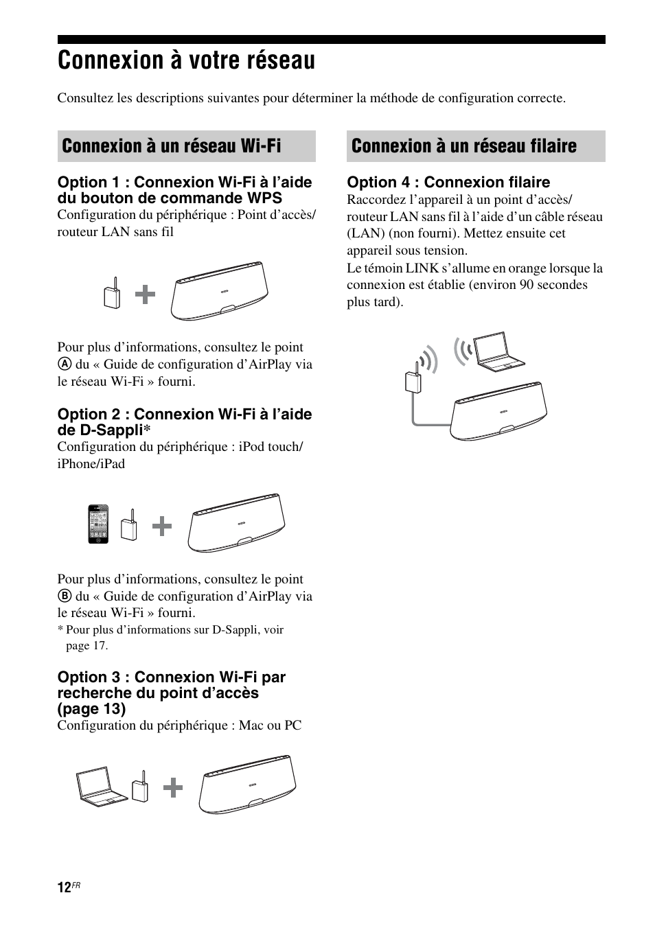 Connexion à votre réseau, Connexion à un réseau wi-fi, Connexion à un réseau filaire | Sony RDP-XA900iP User Manual | Page 50 / 108