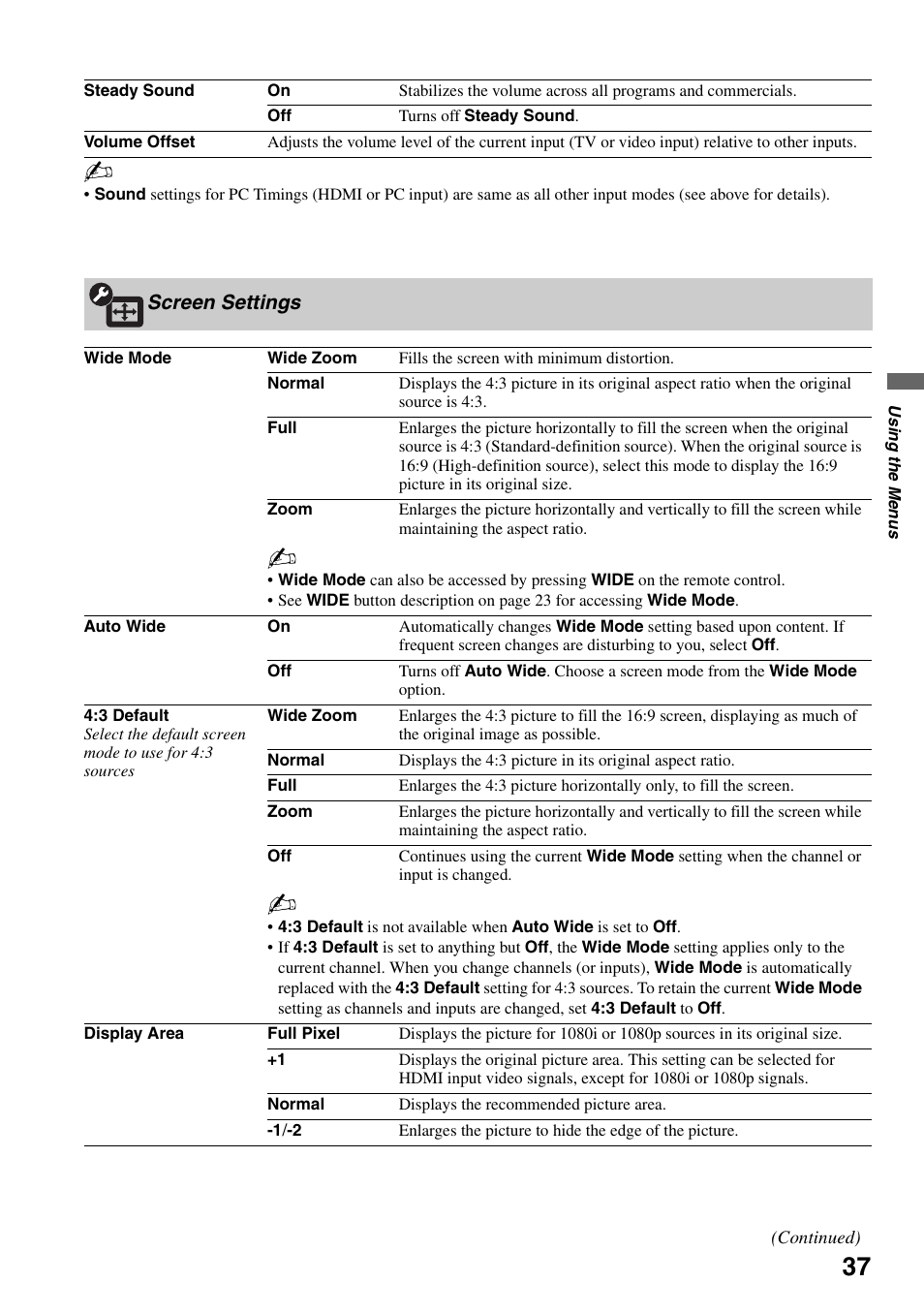 Screen settings | Sony KDL-40W3000 User Manual | Page 37 / 56