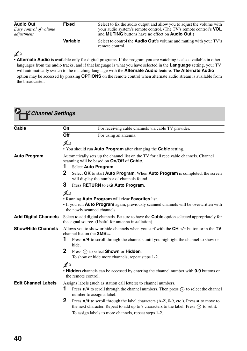 Channel settings | Sony KDL-40W3000 User Manual | Page 40 / 56