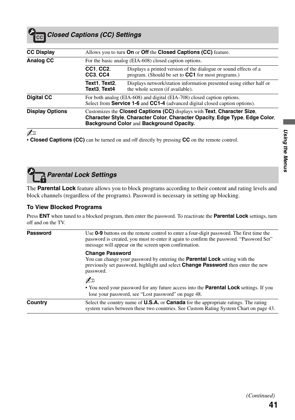 Closed captions (cc) settings, Parental lock settings | Sony KDL-40W3000 User Manual | Page 41 / 56
