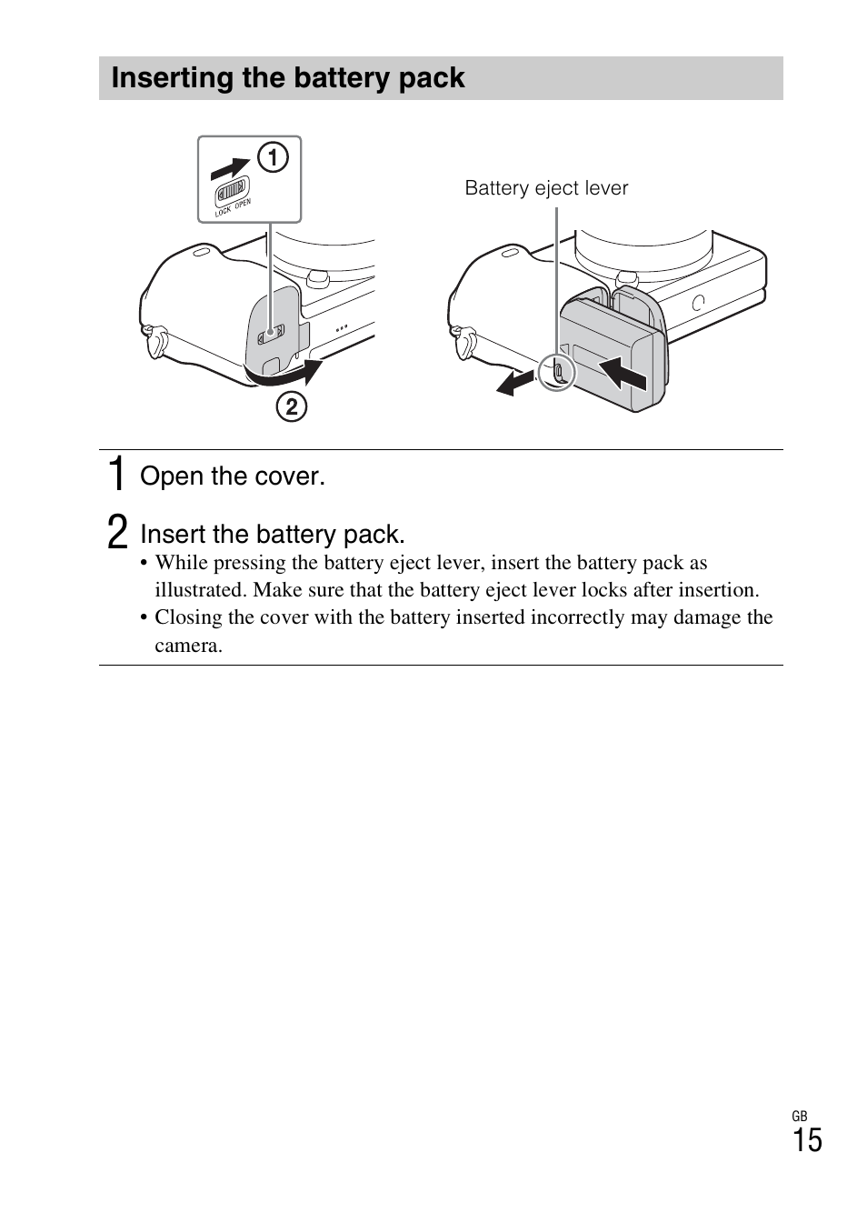 Inserting the battery pack | Sony ILCE-6000L User Manual | Page 15 / 48