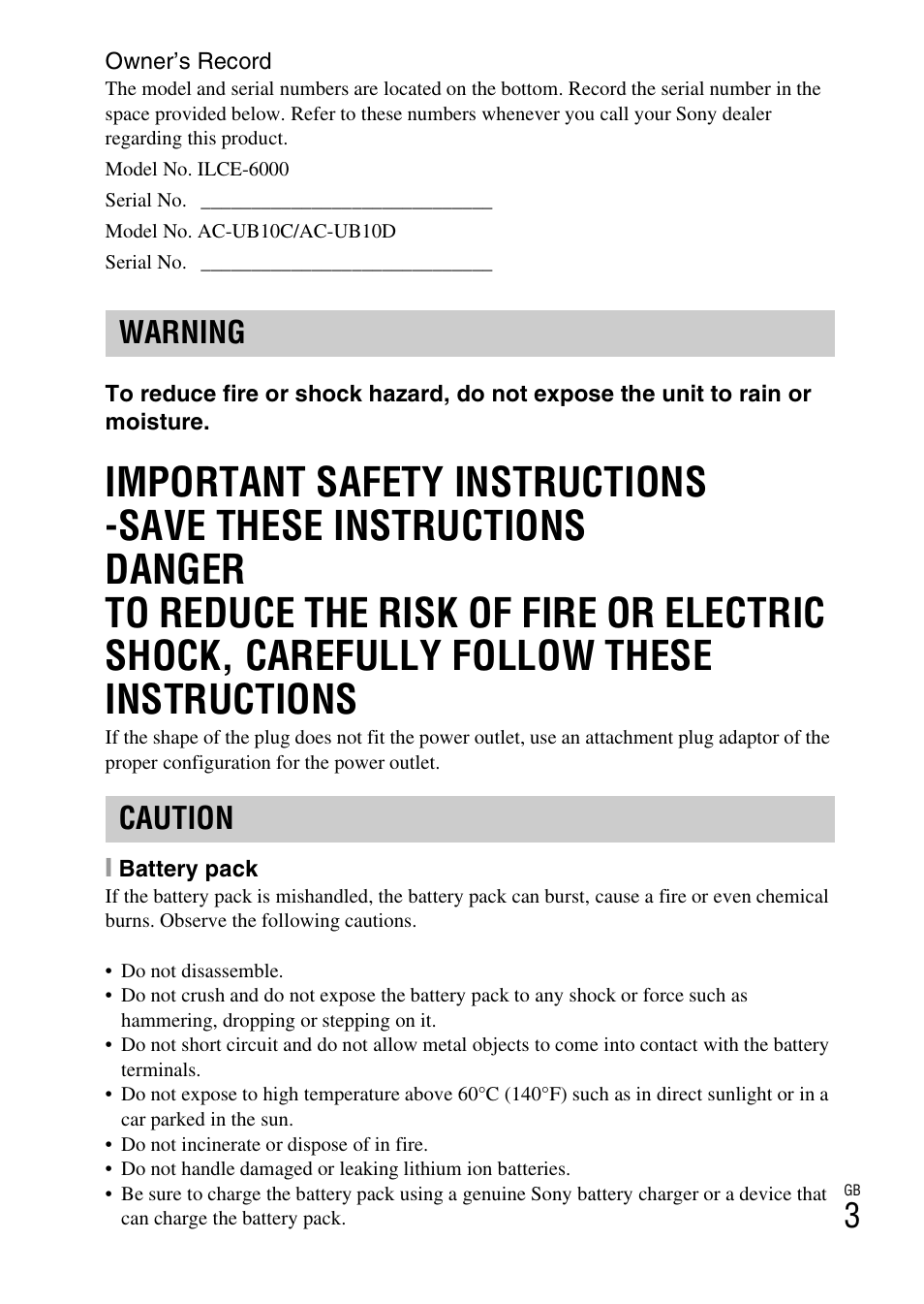 Warning caution | Sony ILCE-6000L User Manual | Page 3 / 48