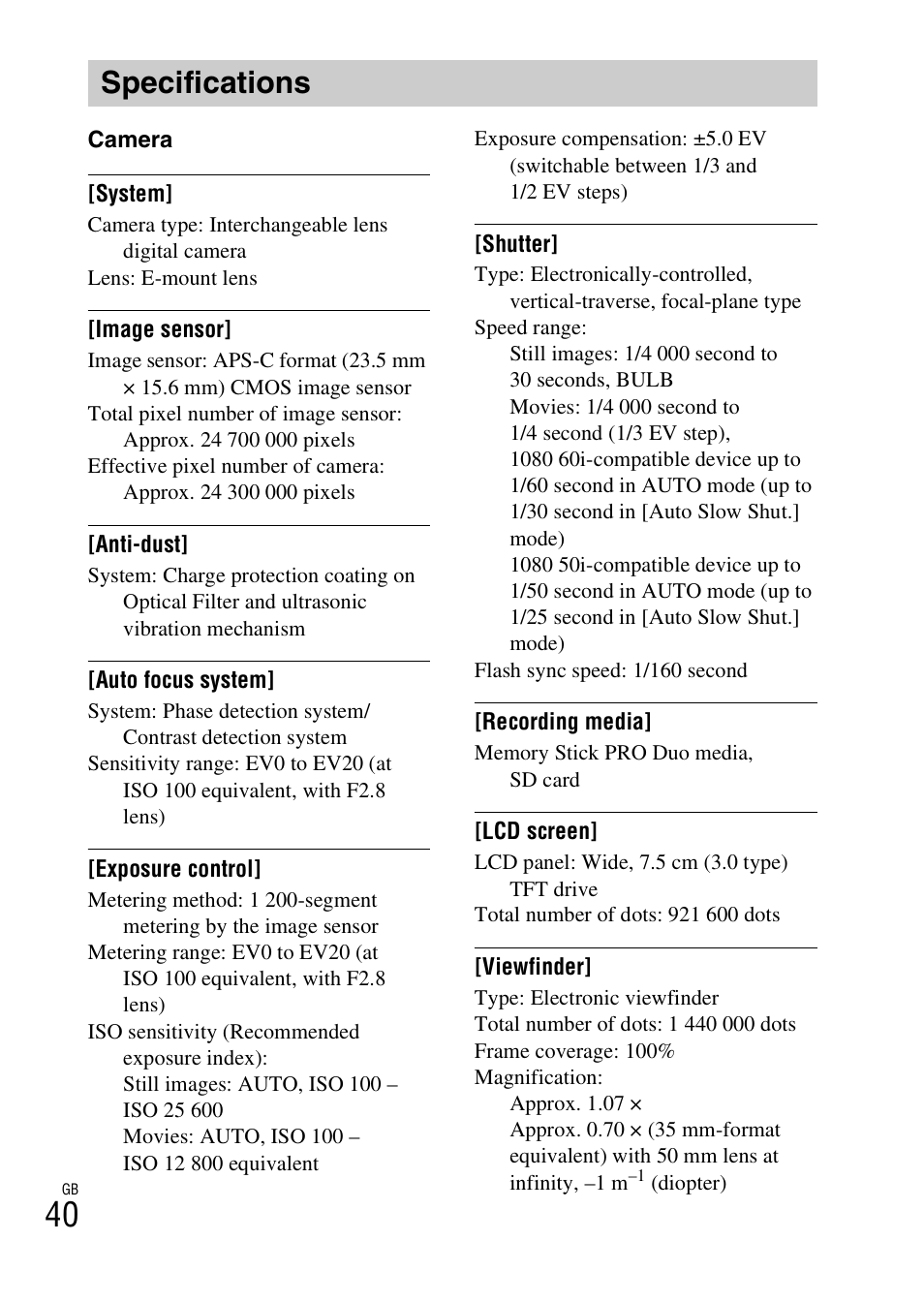 Specifications | Sony ILCE-6000L User Manual | Page 40 / 48