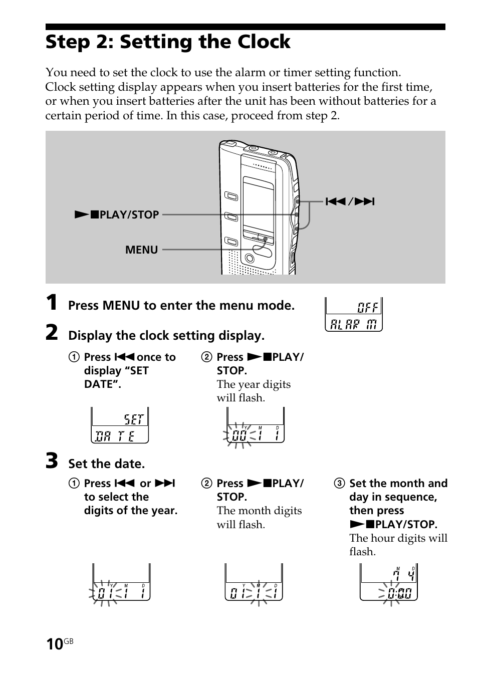 Step 2: setting the clock | Sony ICD-BP150 User Manual | Page 10 / 68