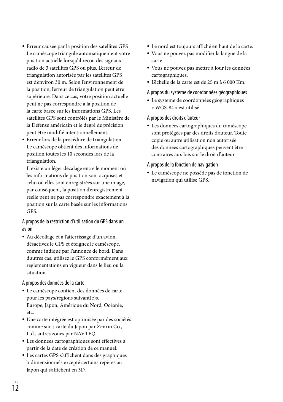 A propos du système de coordonnées géographiques, A propos des droits d’auteur, A propos de la fonction de navigation | A propos des données de la carte | Sony HDR-TG5V User Manual | Page 22 / 36