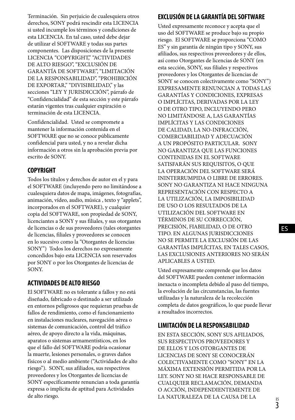 Copyright, Actividades de alto riesgo, Exclusión de la garantía del software | Limitación de la responsabilidad | Sony HDR-TG5V User Manual | Page 25 / 36