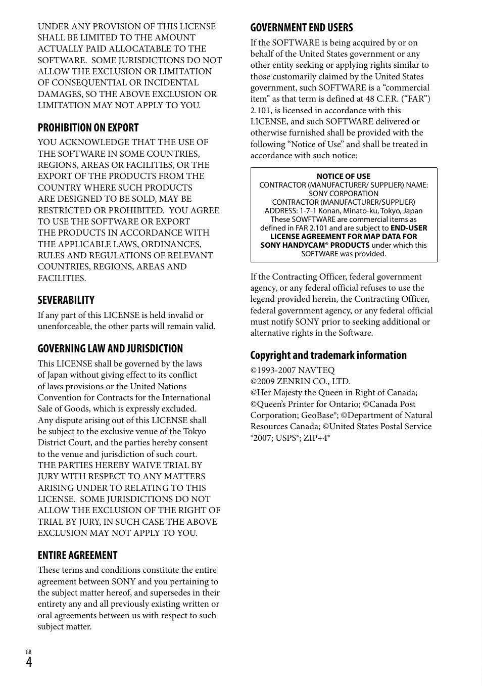 Prohibition on export, Severability, Governing law and jurisdiction | Entire agreement, Government end users, Copyright and trademark information | Sony HDR-TG5V User Manual | Page 4 / 36