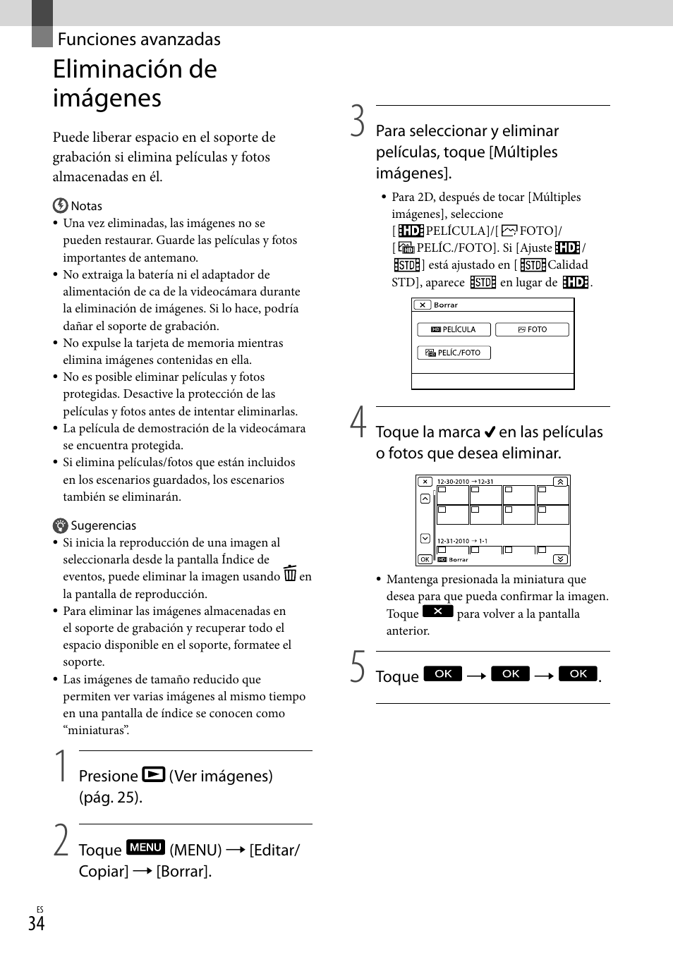Funciones avanzadas, Eliminación de imágenes | Sony HDR-TD10 User Manual | Page 106 / 142