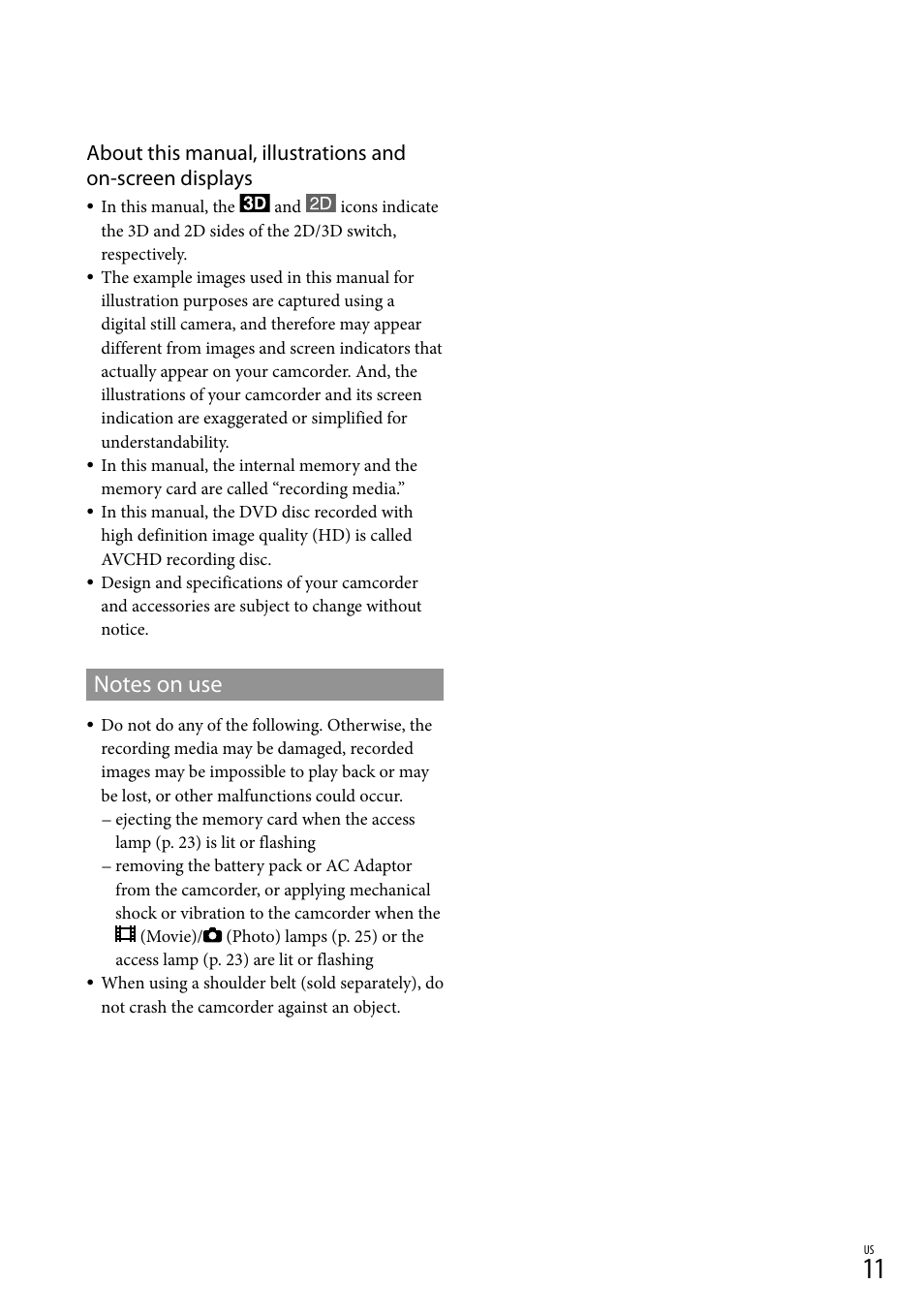 Sony HDR-TD10 User Manual | Page 11 / 142