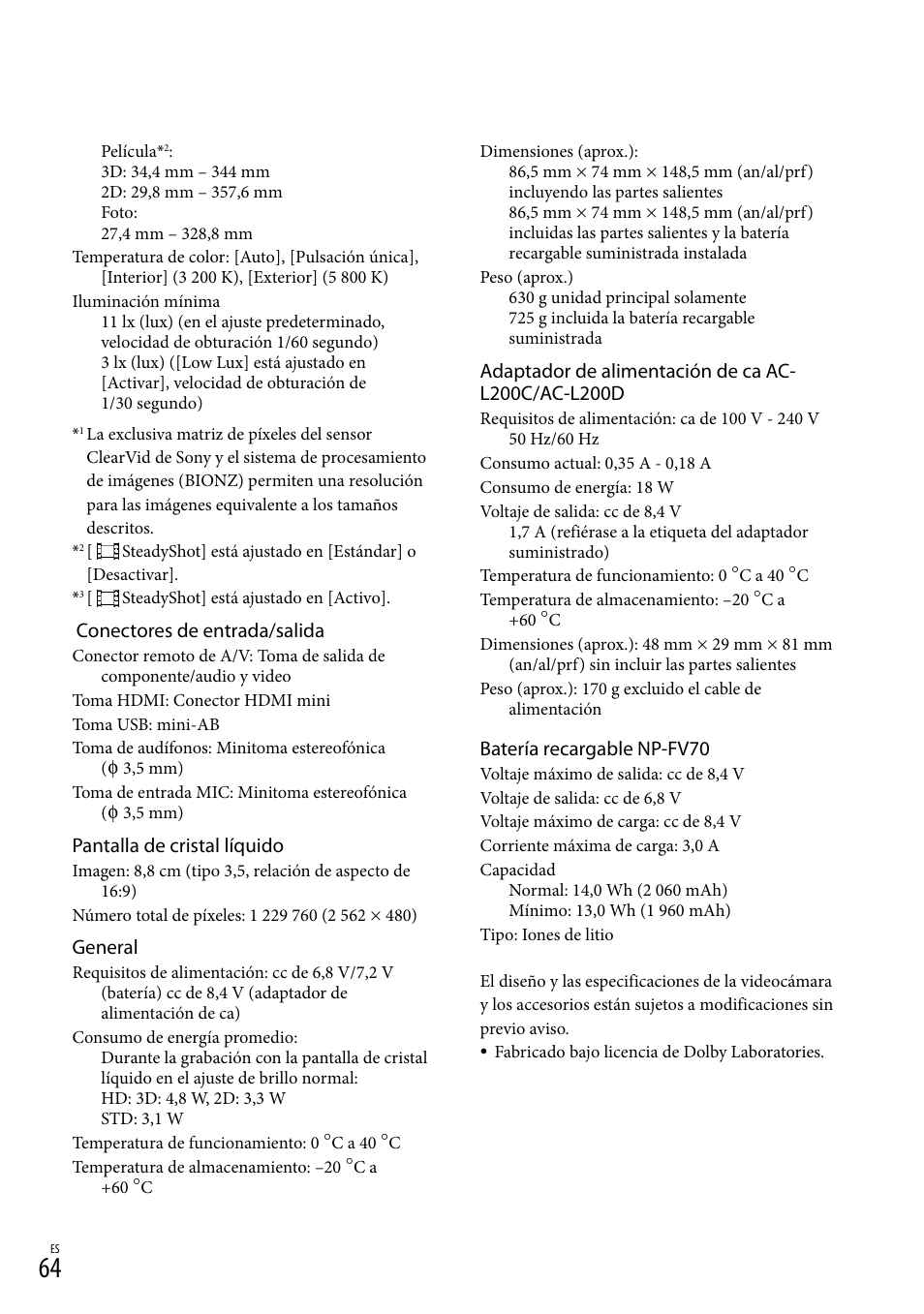 Conectores de entrada/salida, Pantalla de cristal líquido, General | Batería recargable np-fv70 | Sony HDR-TD10 User Manual | Page 136 / 142