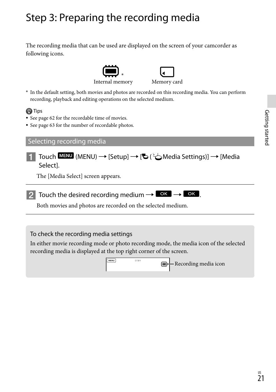 Step 3: preparing the recording media, To check the recording media settings | Sony HDR-TD10 User Manual | Page 21 / 142