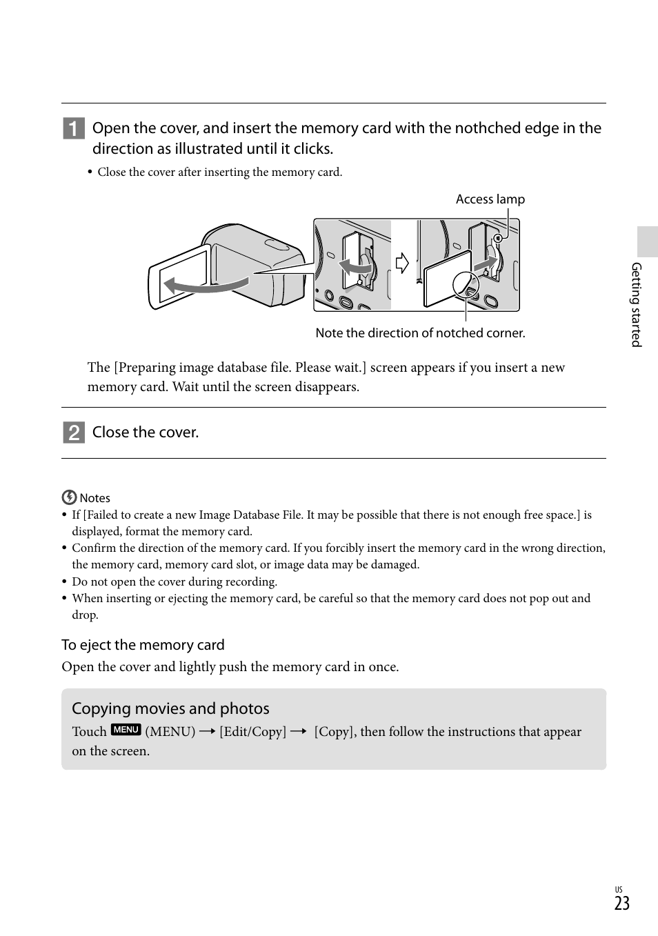 Copying movies and photos | Sony HDR-TD10 User Manual | Page 23 / 142