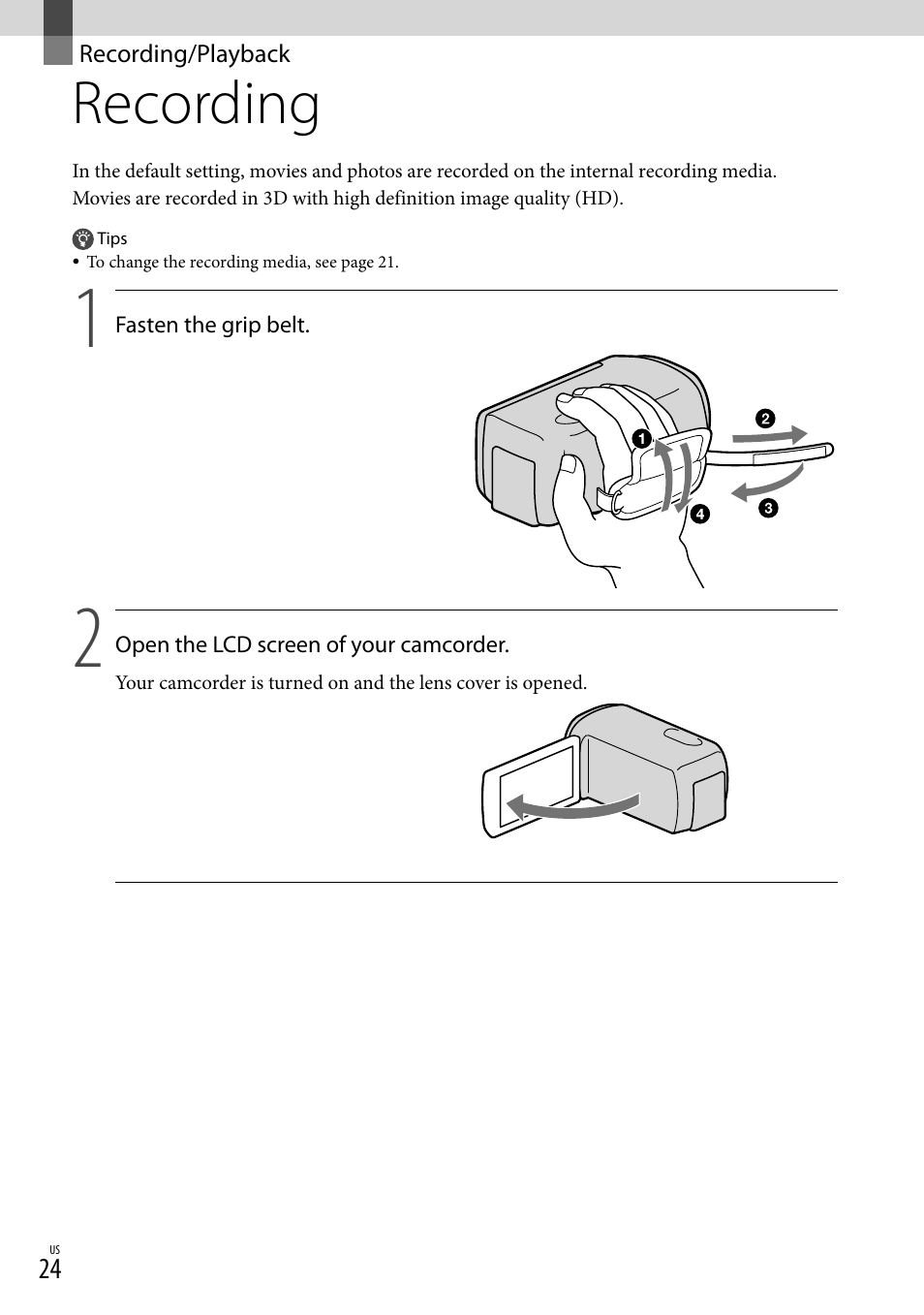 Recording/playback, Recording | Sony HDR-TD10 User Manual | Page 24 / 142