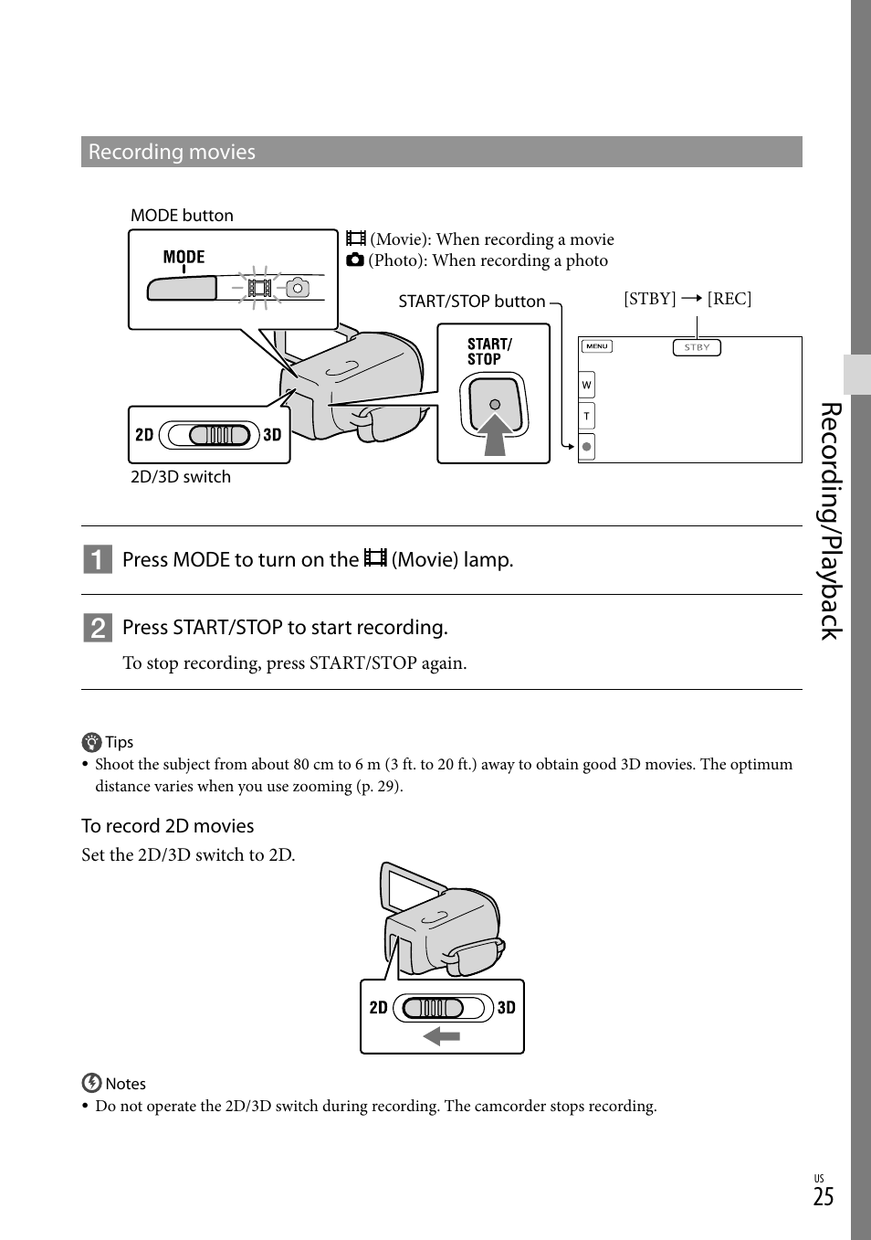 Rec or ding/p la yback | Sony HDR-TD10 User Manual | Page 25 / 142