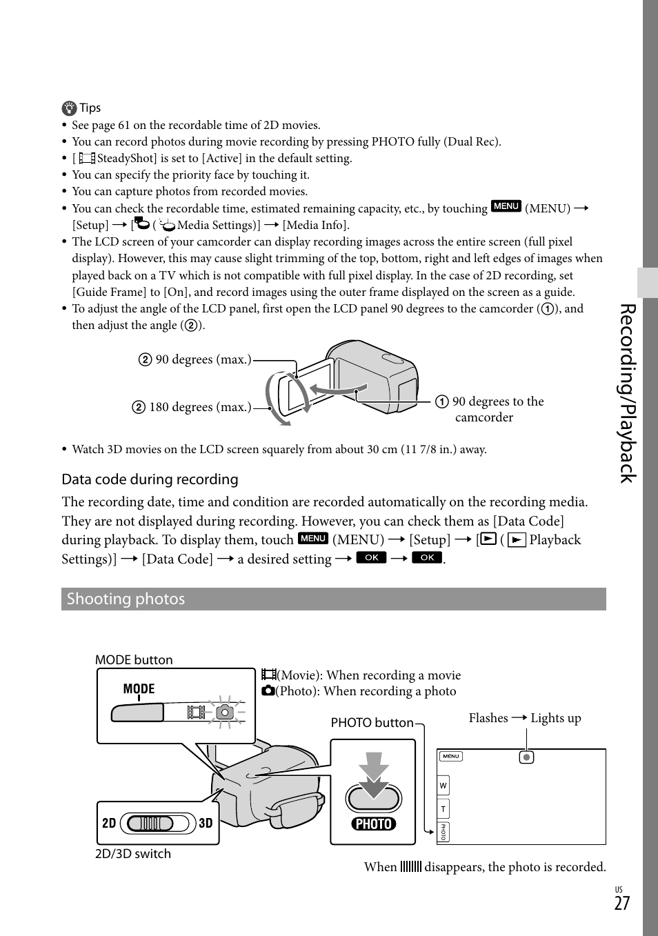 Rec or ding/p la yback, Shooting photos | Sony HDR-TD10 User Manual | Page 27 / 142